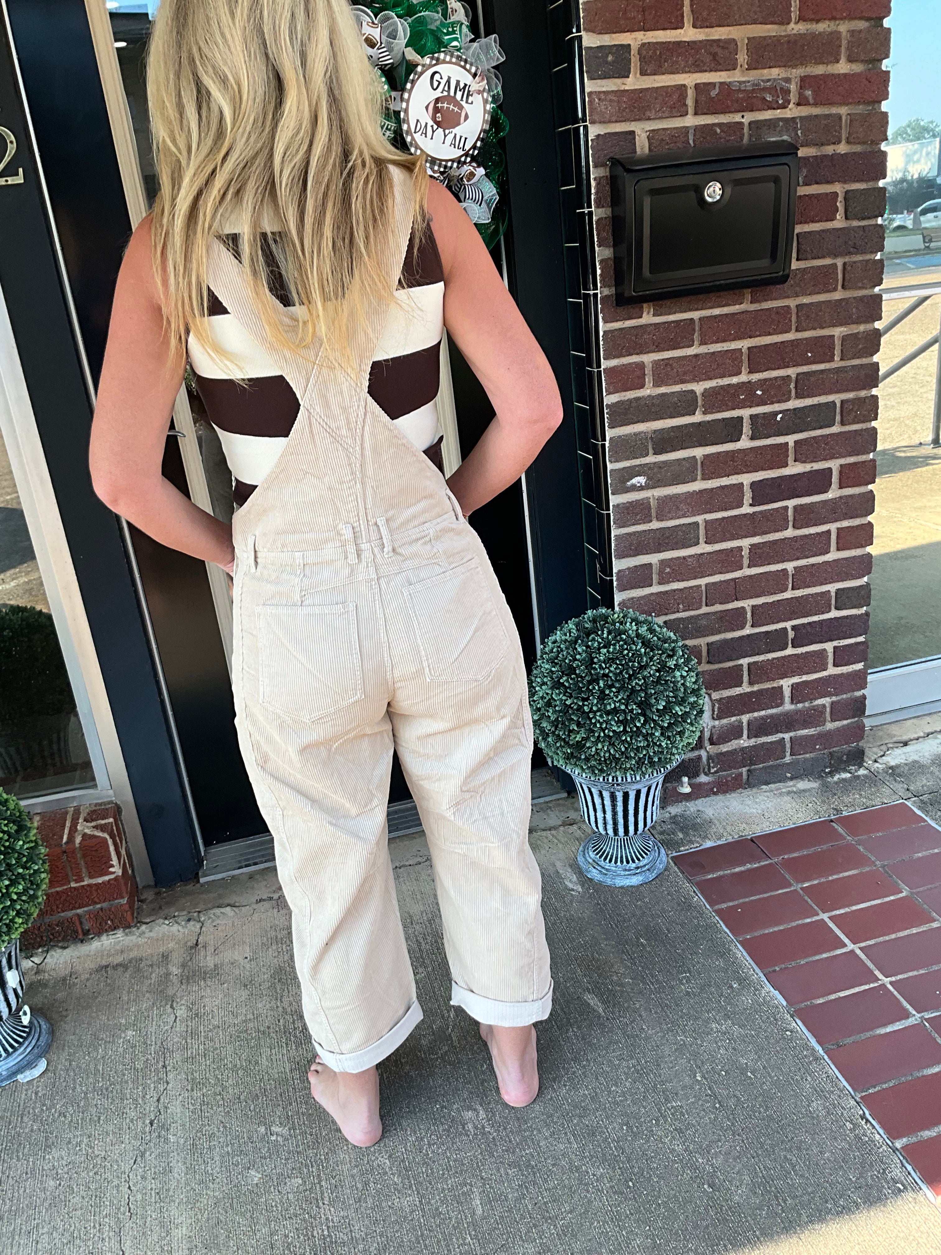 Oatmeal ribbed Barrel overalls