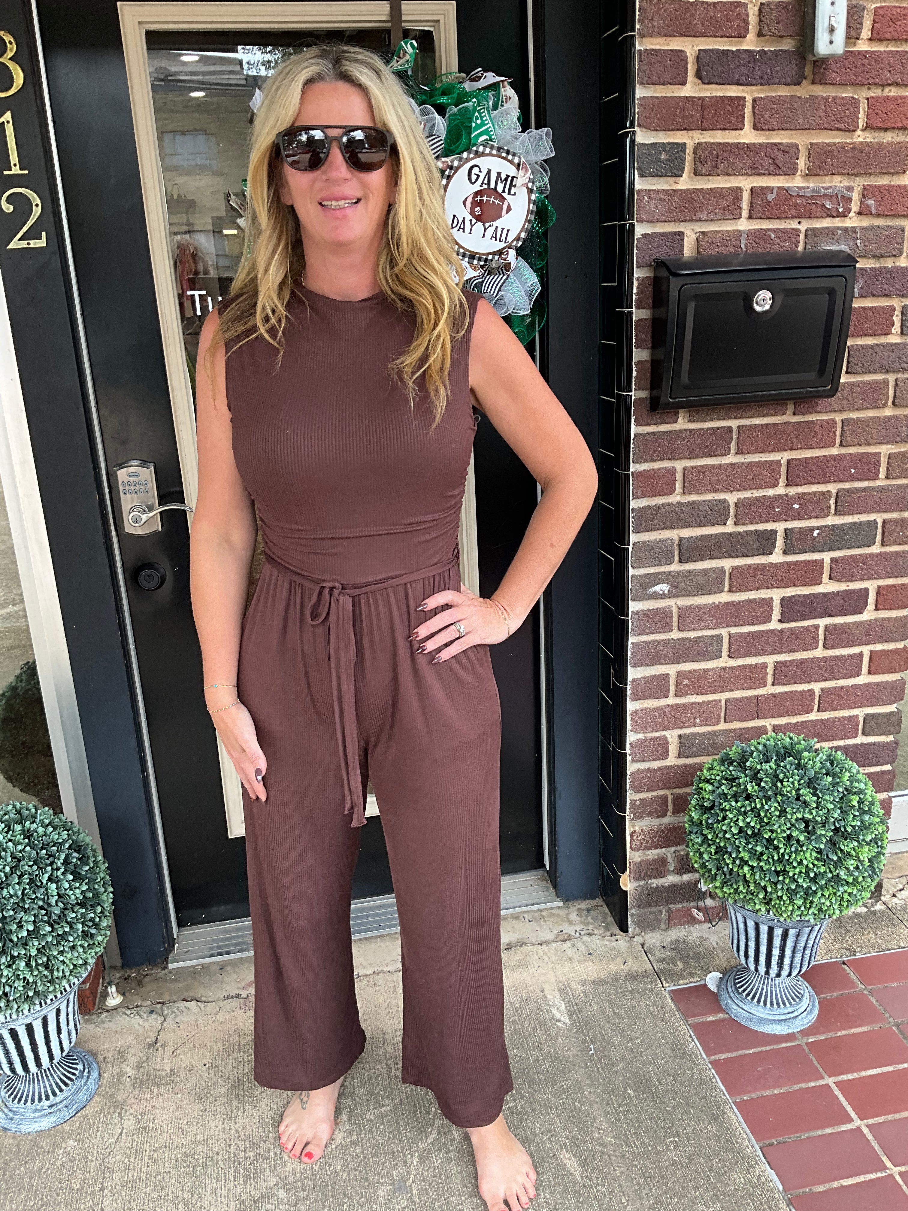 Chocolate tie waist jumpsuit
