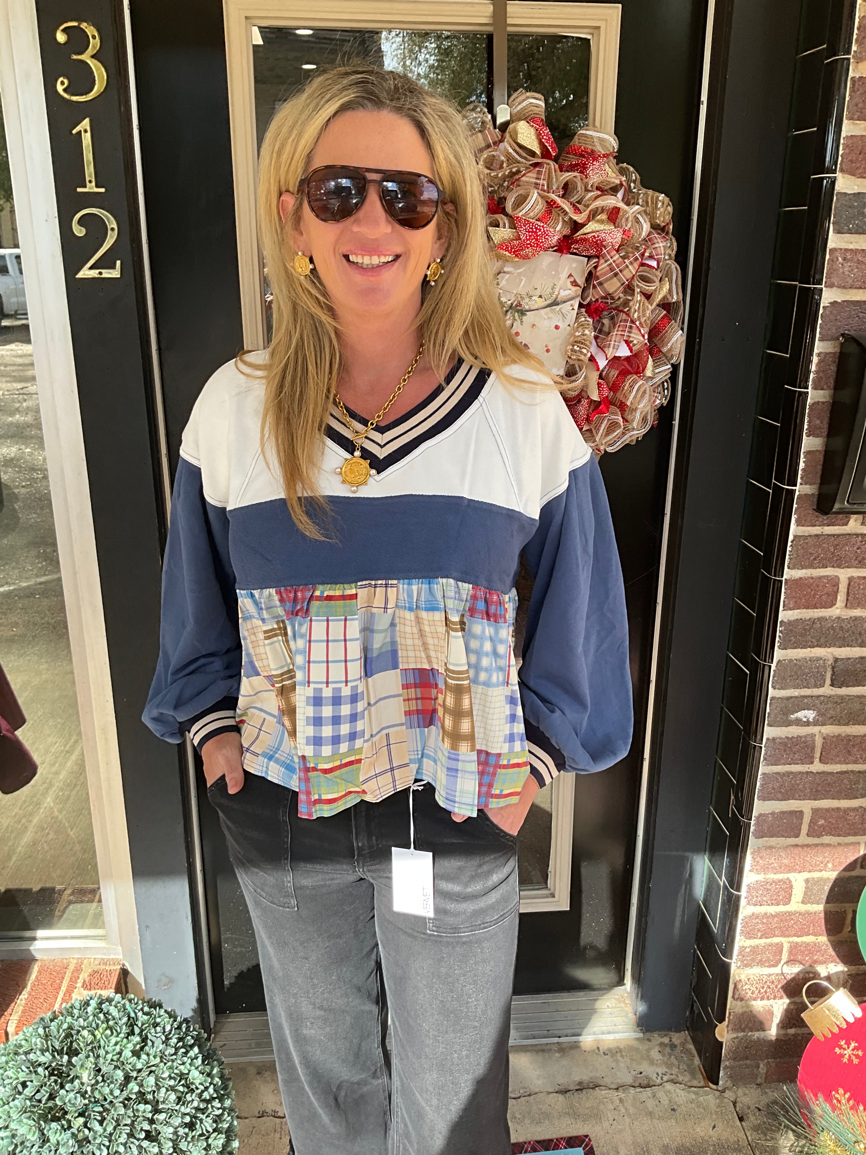 Blue Skies Patchwork Pullover Top