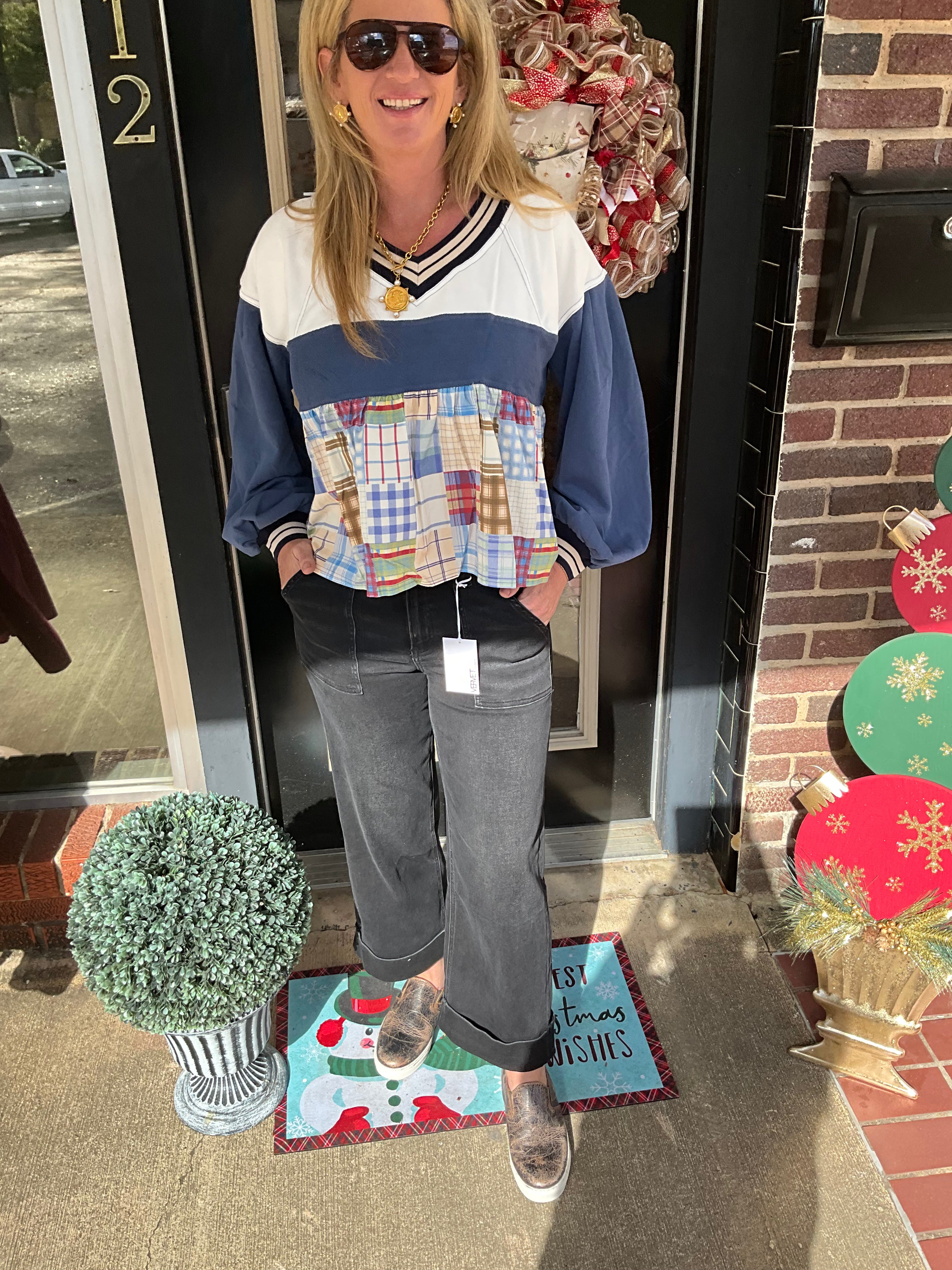 Blue Skies Patchwork Pullover Top