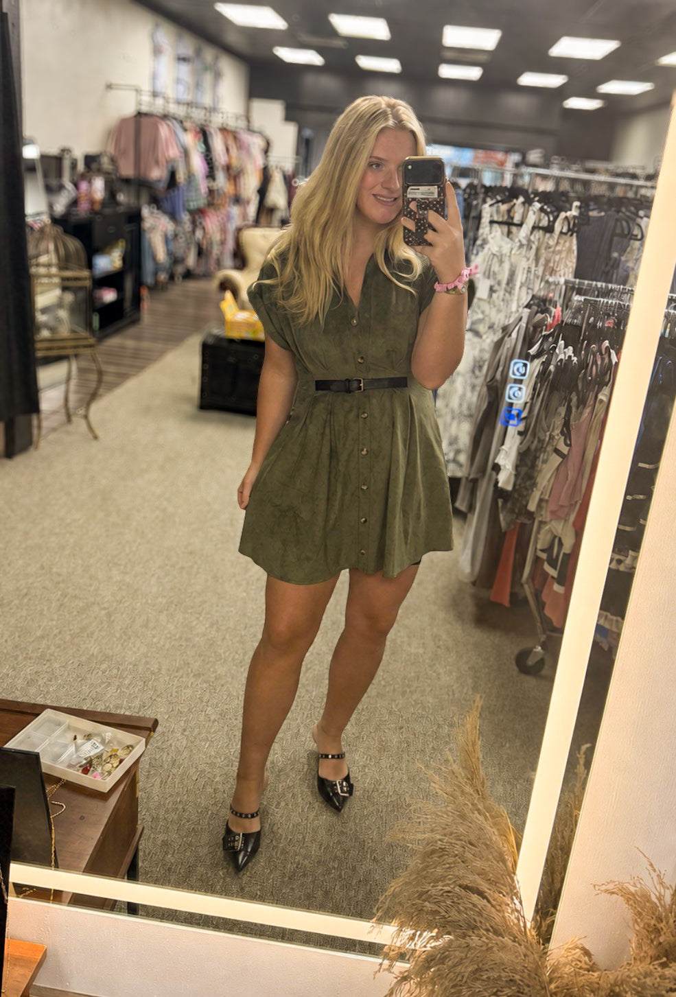 Olive Belted Button-Down Mini Dress