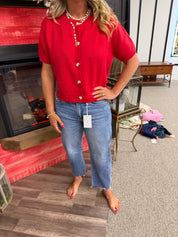 Red short sleeve cardigan