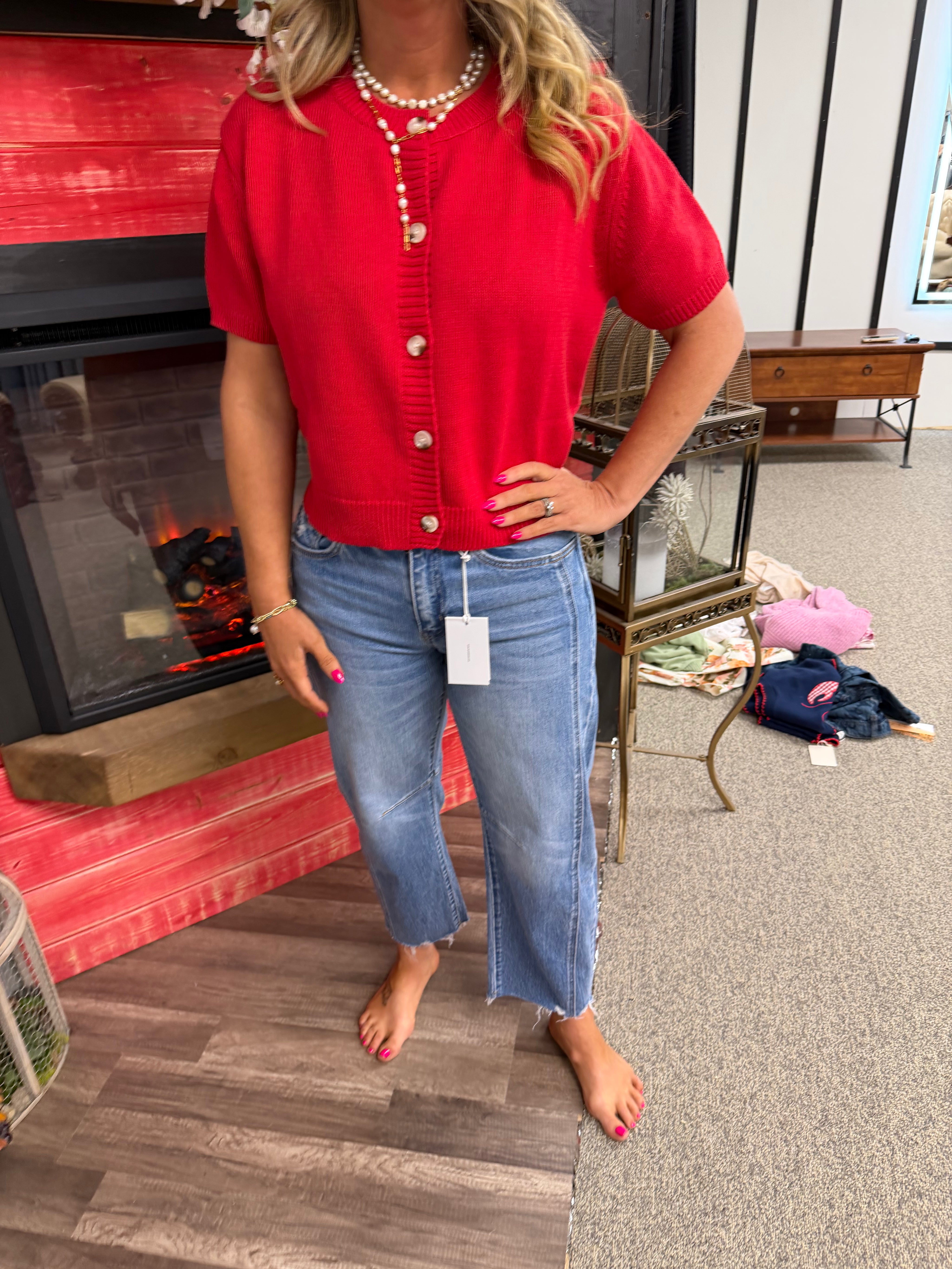 Red short sleeve cardigan