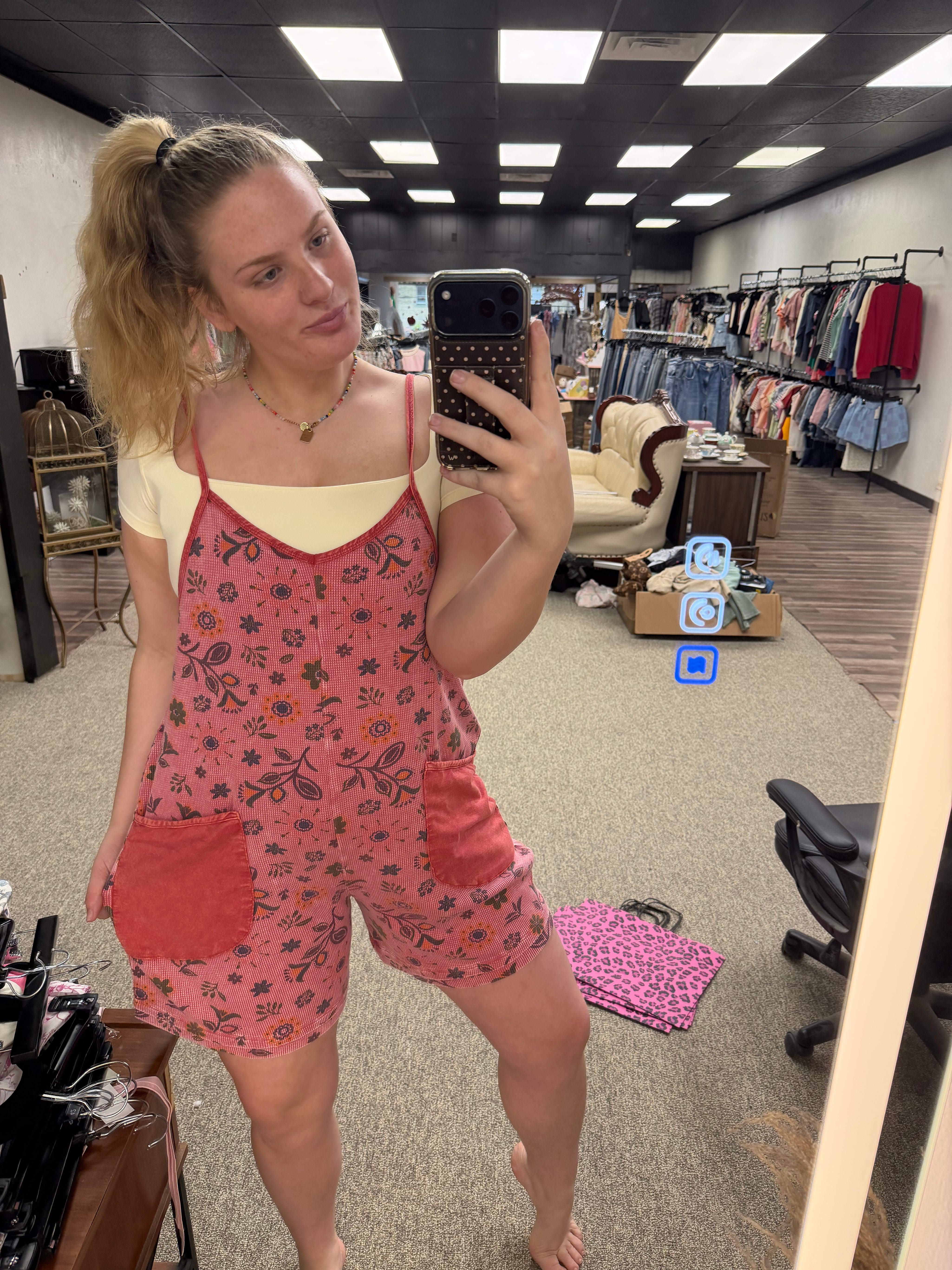 Rust Floral Patch Pocket Romper