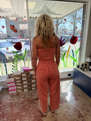 Mineral washed strapless jumpsuit - rose