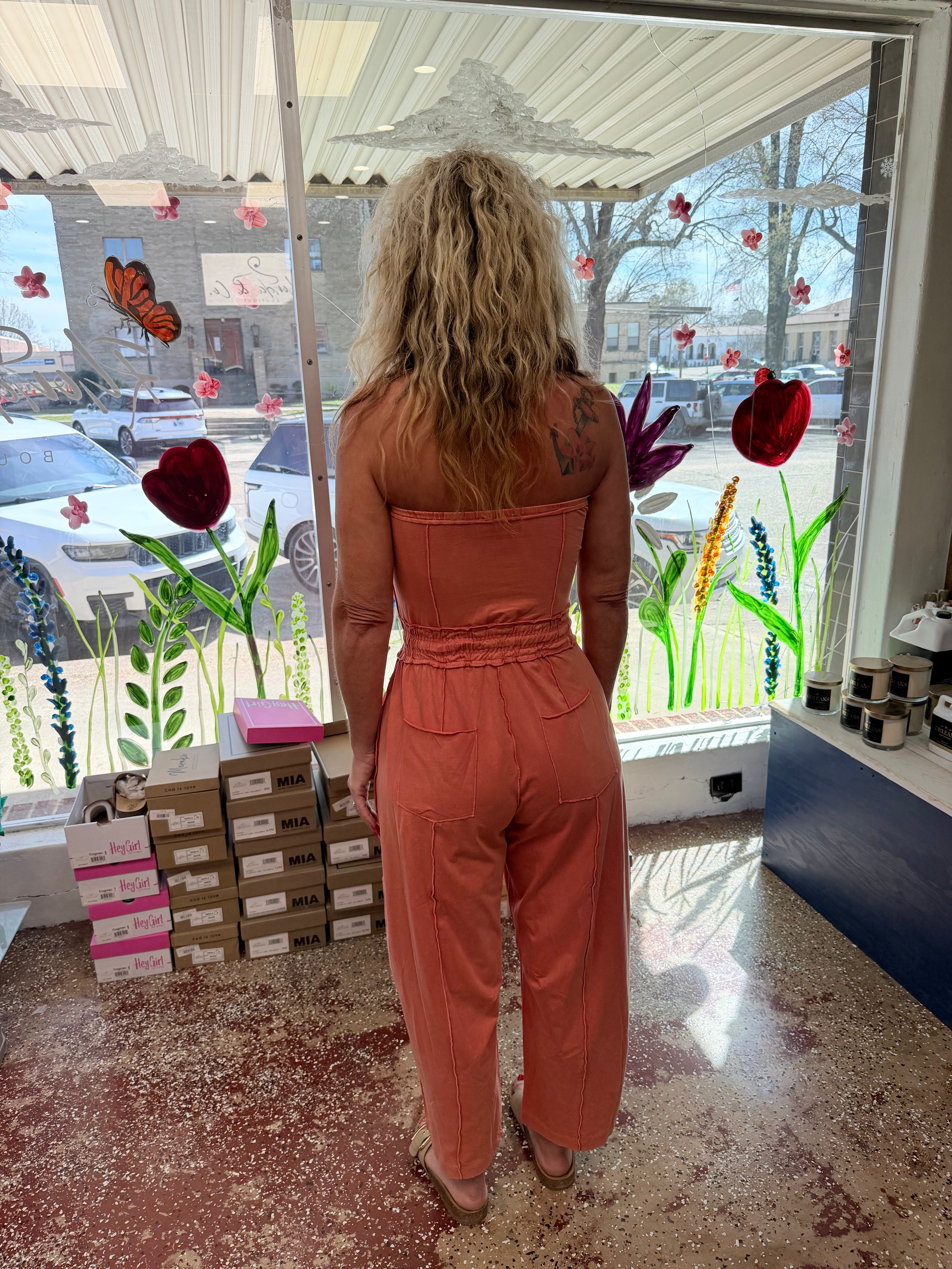 Mineral washed strapless jumpsuit - rose