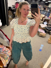 Teal Barrel Leg Cargo Pants – Boho Elastic Hem Utility Pants with Pockets