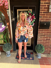 Boho Floral Smocked Waist Peplum Blouse with Lace Trim Neckline