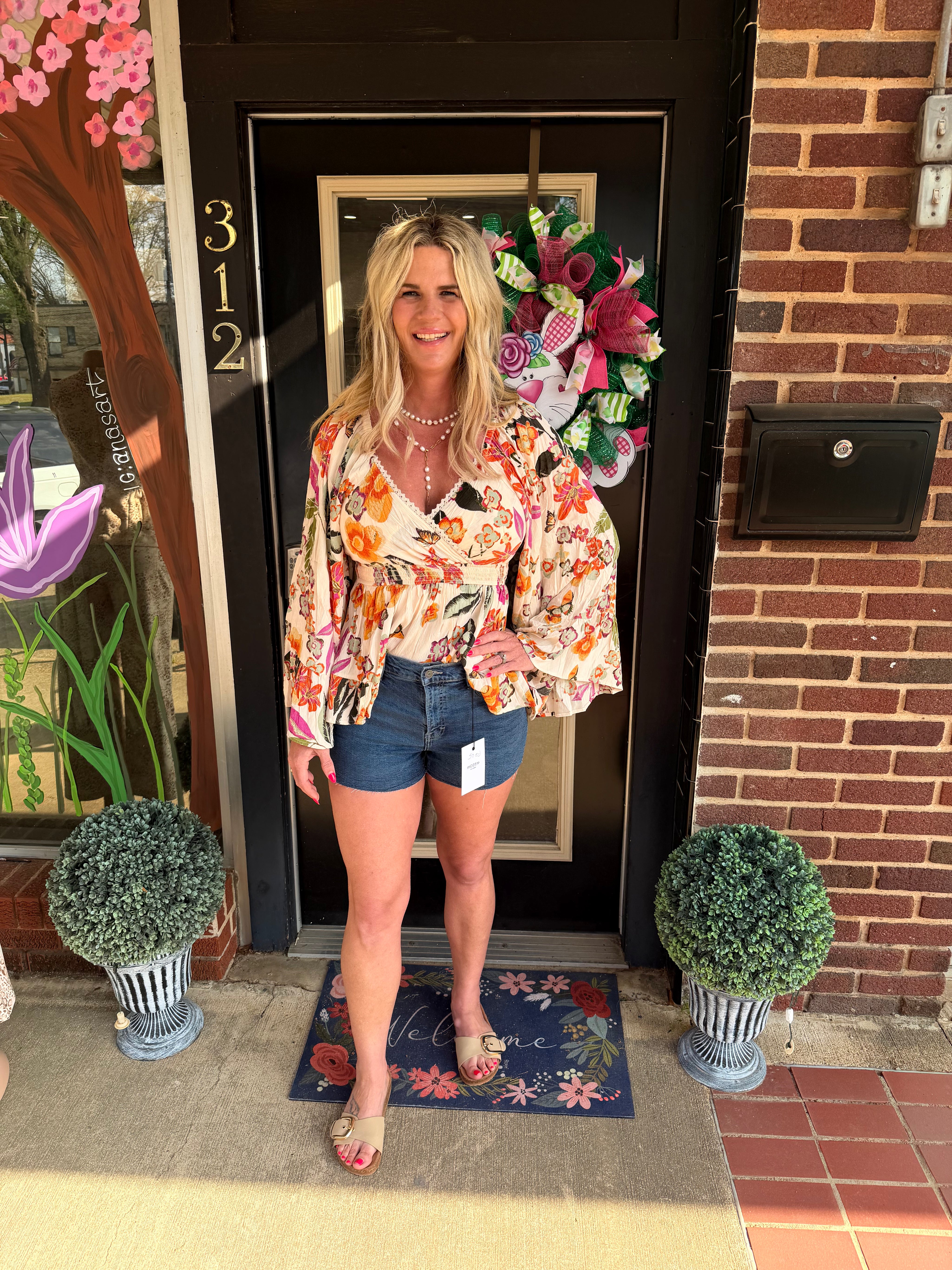 Boho Floral Smocked Waist Peplum Blouse with Lace Trim Neckline