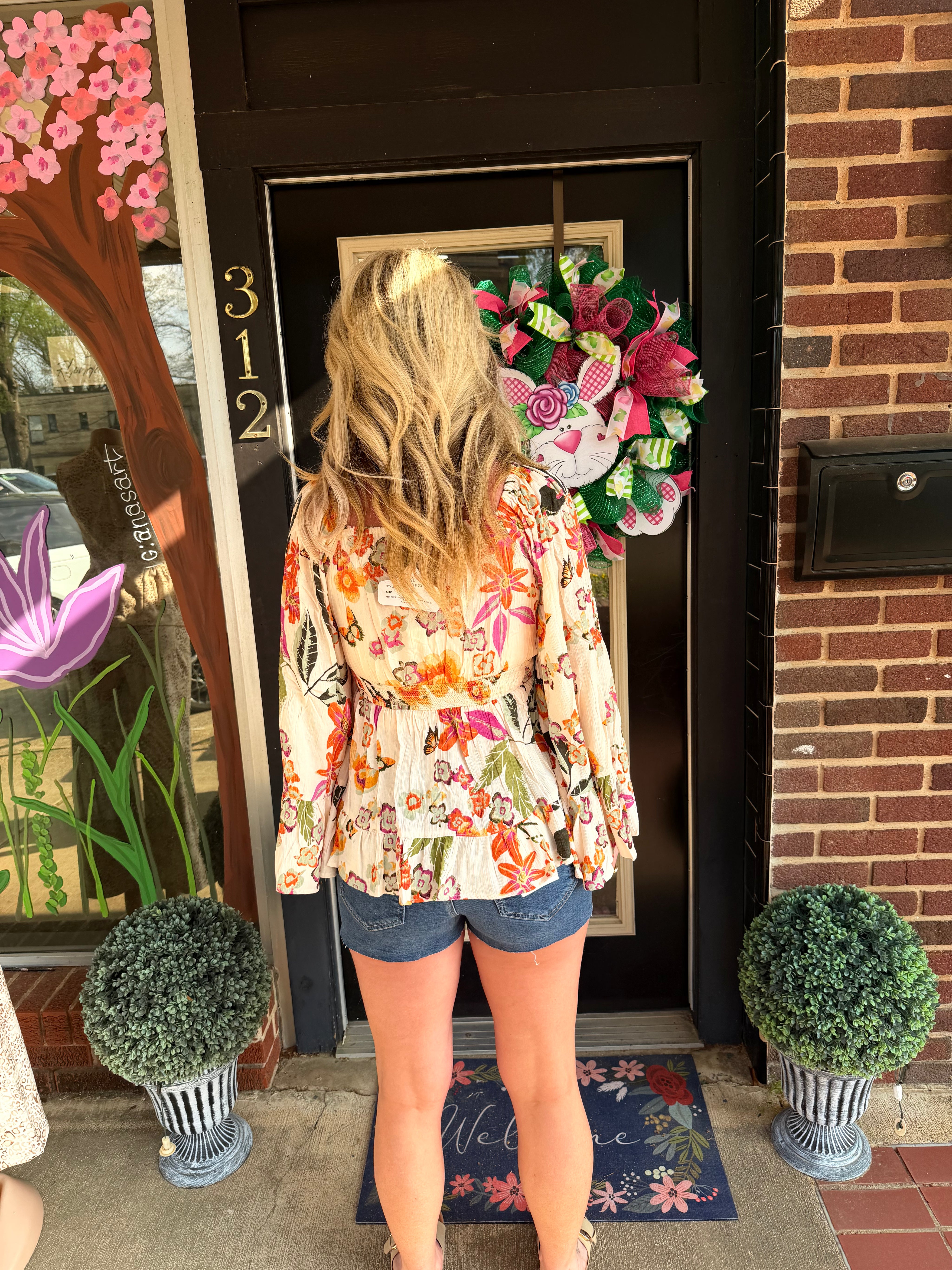 Boho Floral Smocked Waist Peplum Blouse with Lace Trim Neckline