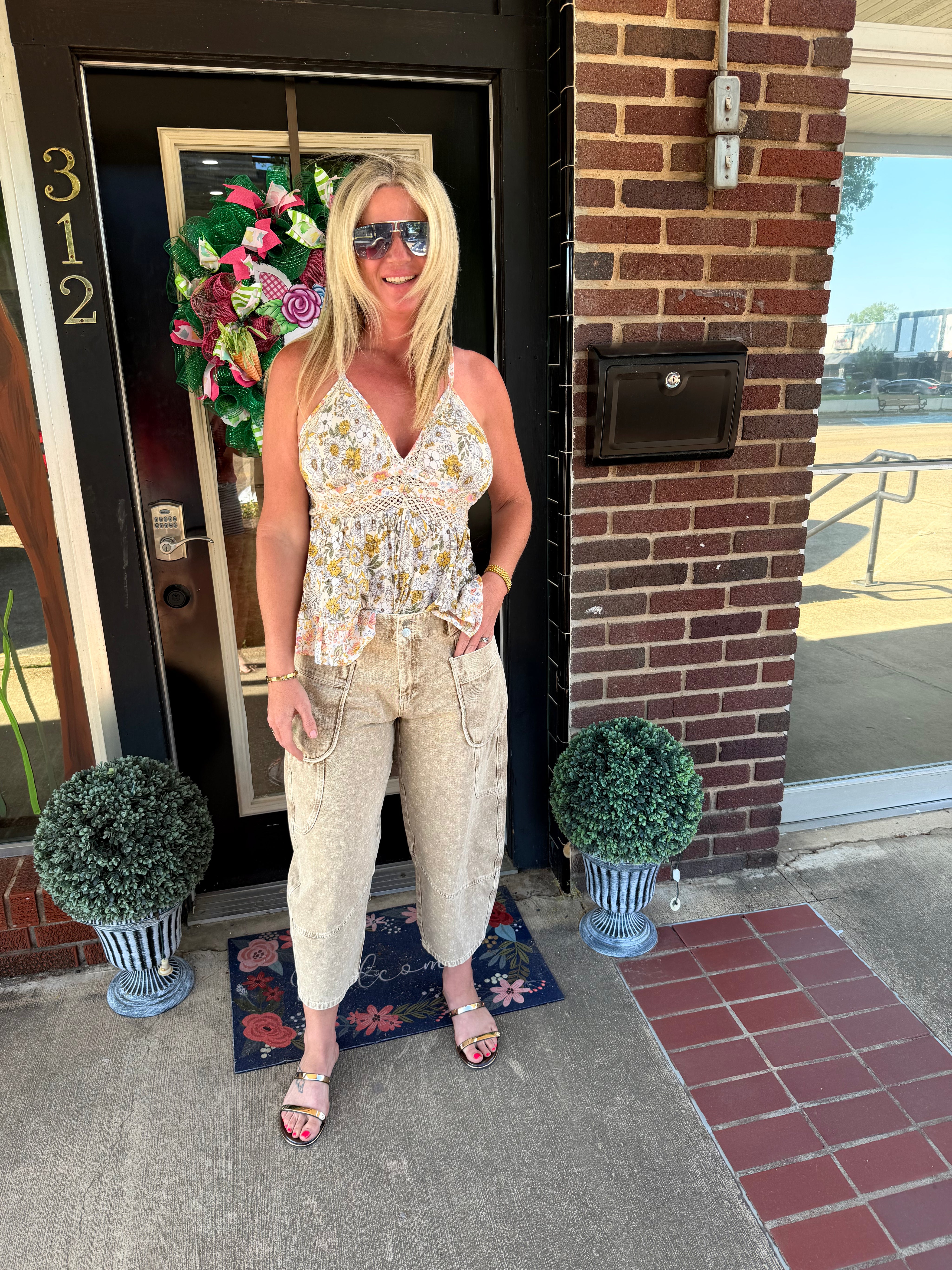 Floral Mineral Wash Barrel Pants – High Rise Cropped Cargo Twill Pants
