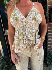 Floral Lace Trim Babydoll Tank – Adjustable Strap Smocked Back Top