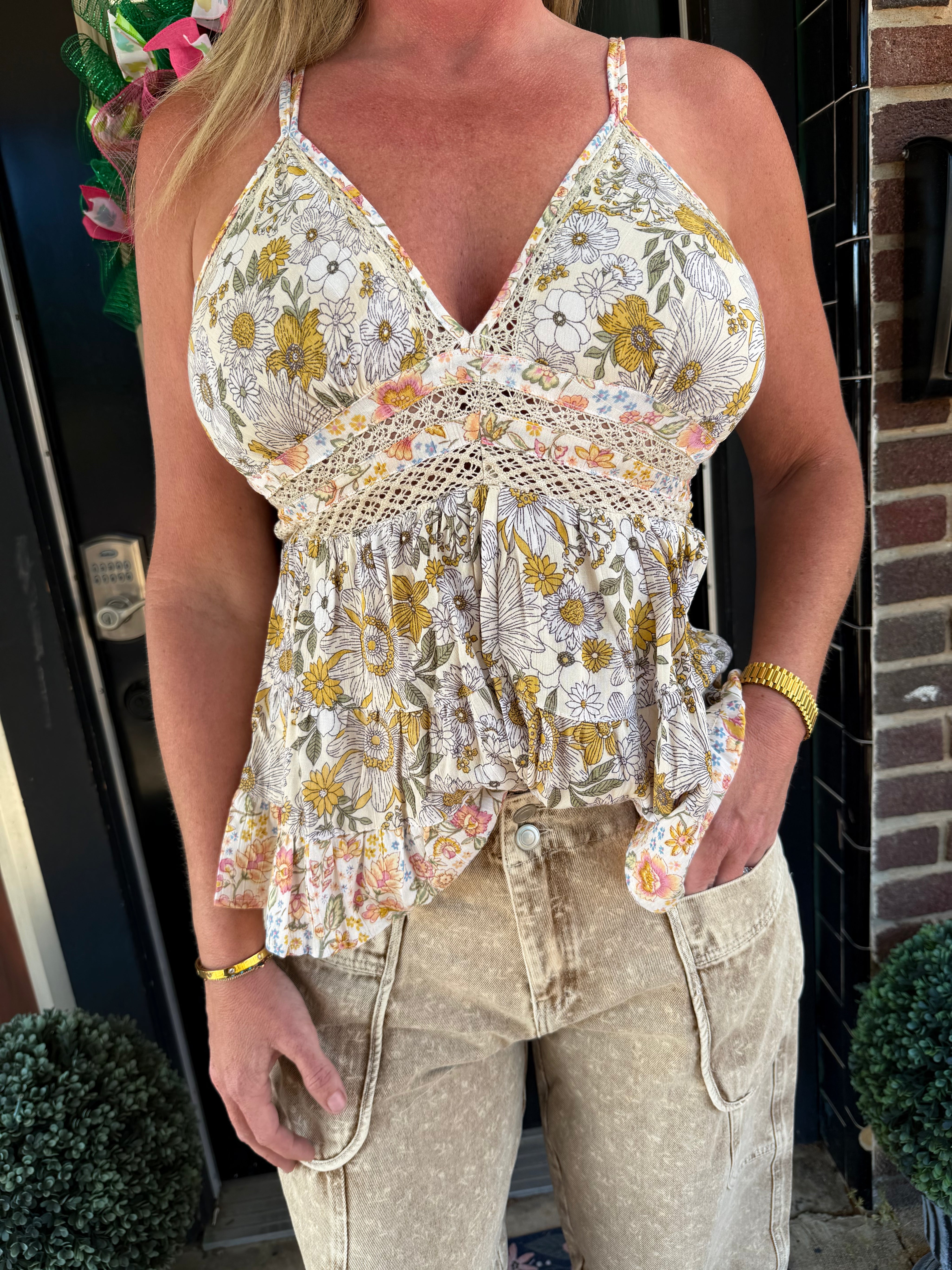 Floral Lace Trim Babydoll Tank – Adjustable Strap Smocked Back Top
