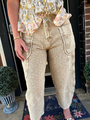 Floral Mineral Wash Barrel Pants – High Rise Cropped Cargo Twill Pants