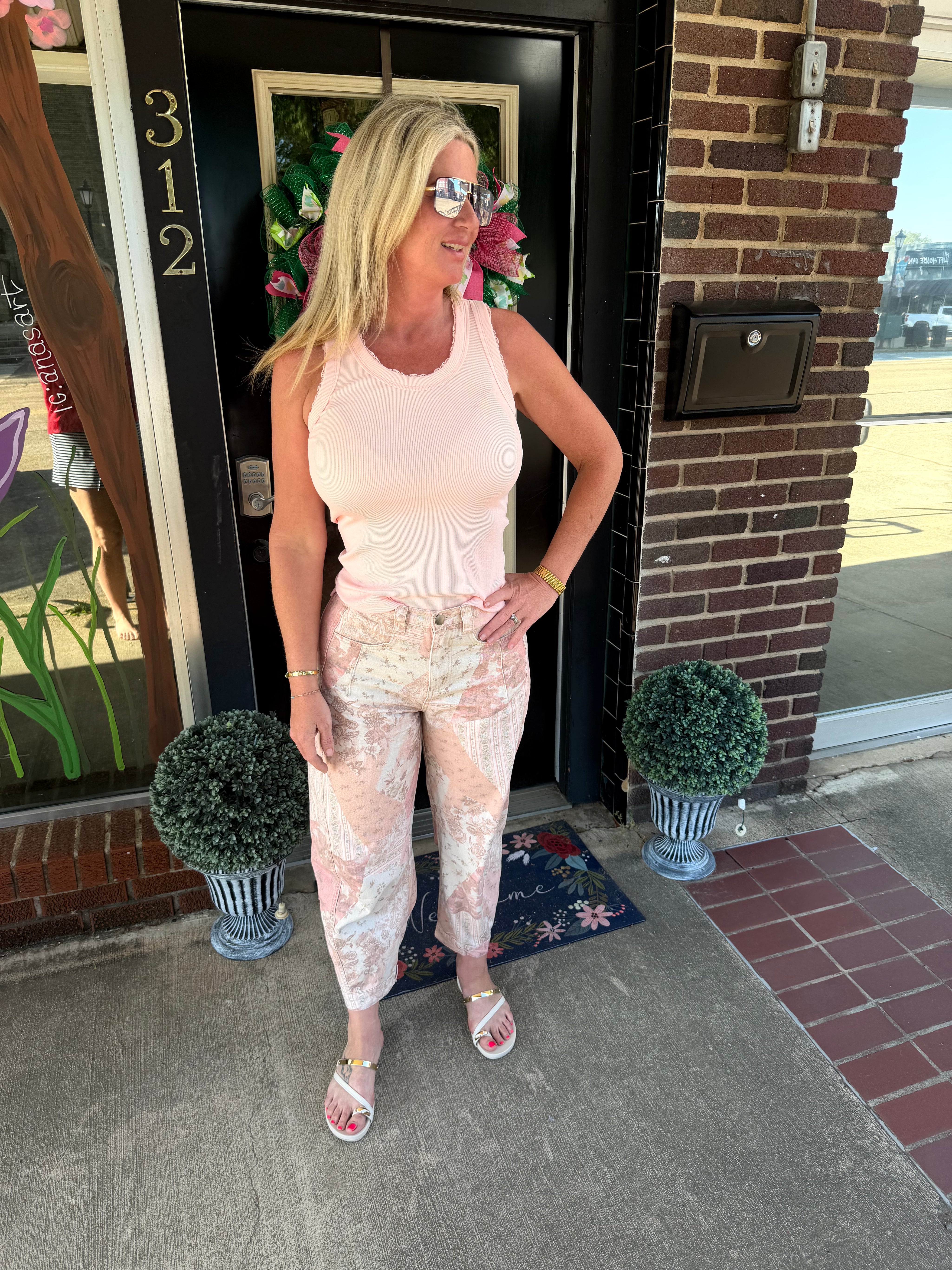 Blush Floral Barrel Pants – Elastic Waist Cropped Tapered Pants (25.5” Inseam)