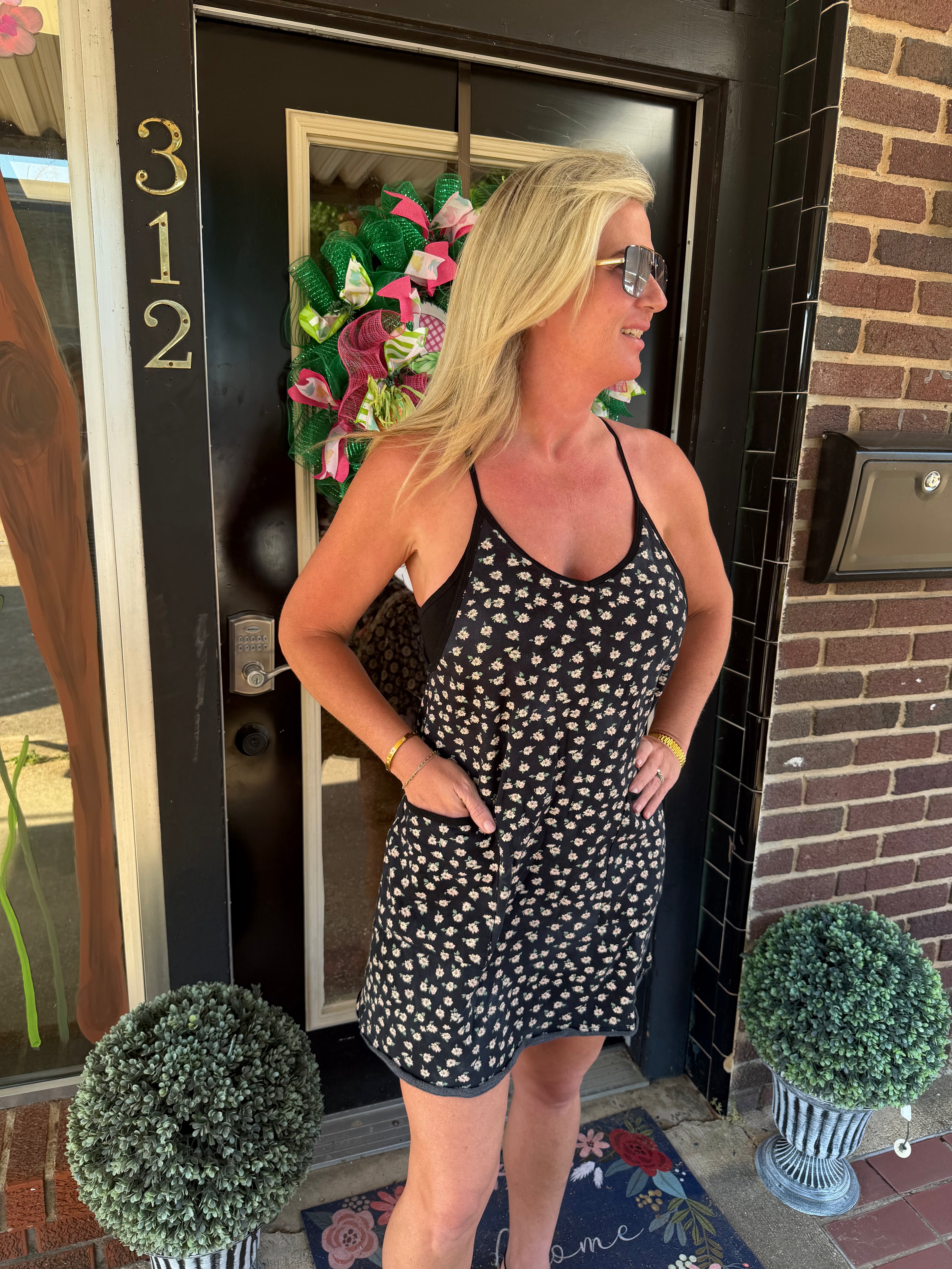 Black Floral athletic romper – Lightweight Racerback Pocket Dress