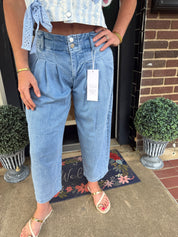 Risen High Rise Pleated Cropped Wide Leg Denim Pants