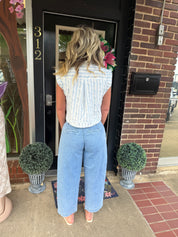 Risen High Rise Pleated Cropped Wide Leg Denim Pants