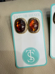 Vintage Gem Statement Stud Earrings – Gold Filled Oval Stone