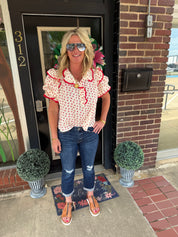 Sweet Cherry Ruffle Blouse – Vintage Floral Puff Sleeve Top