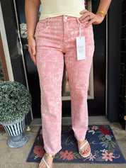 Risen Blush Floral Wide Leg Jeans – High Rise Pink Printed Denim