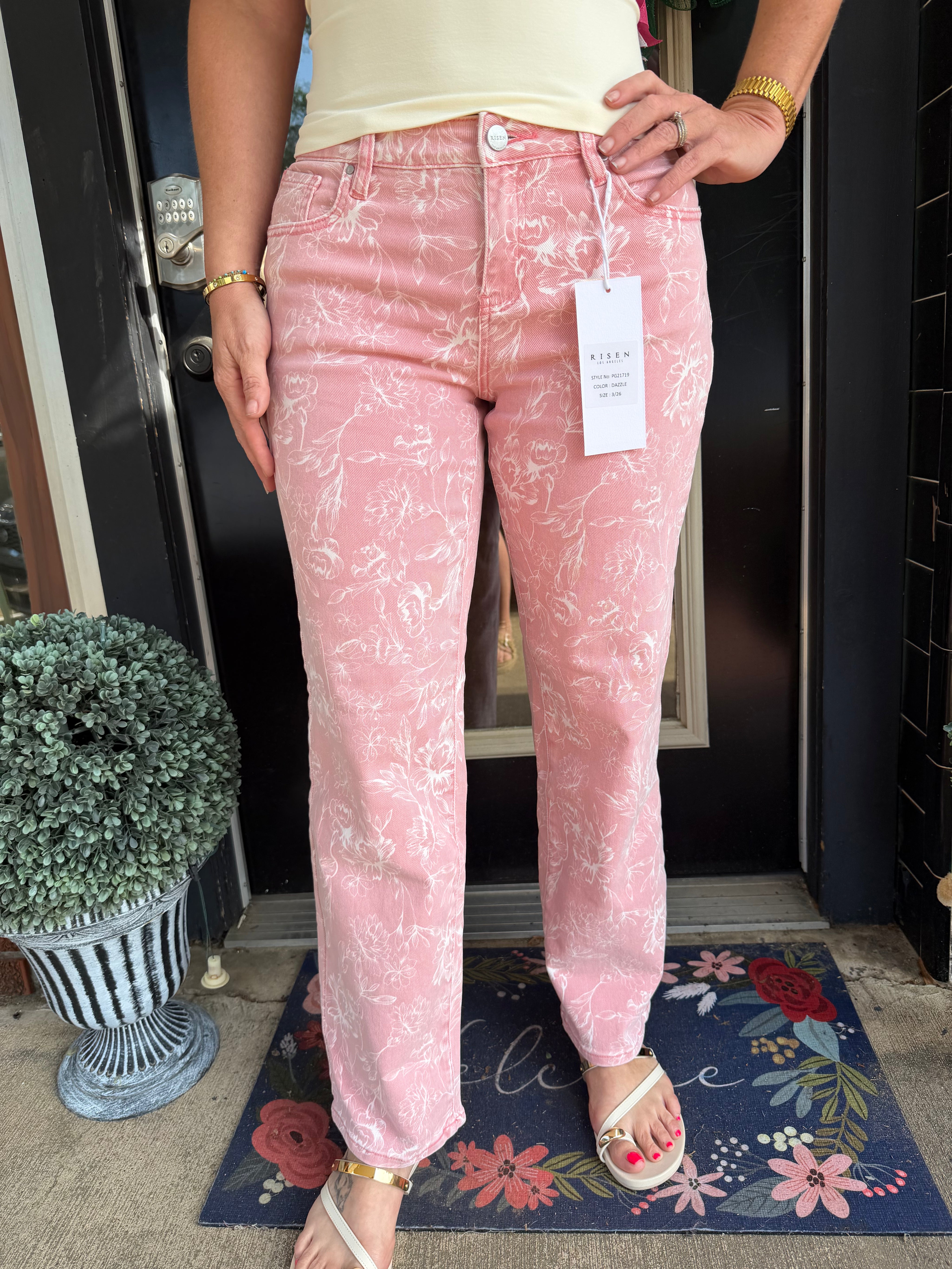 Risen Blush Floral Wide Leg Jeans – High Rise Pink Printed Denim