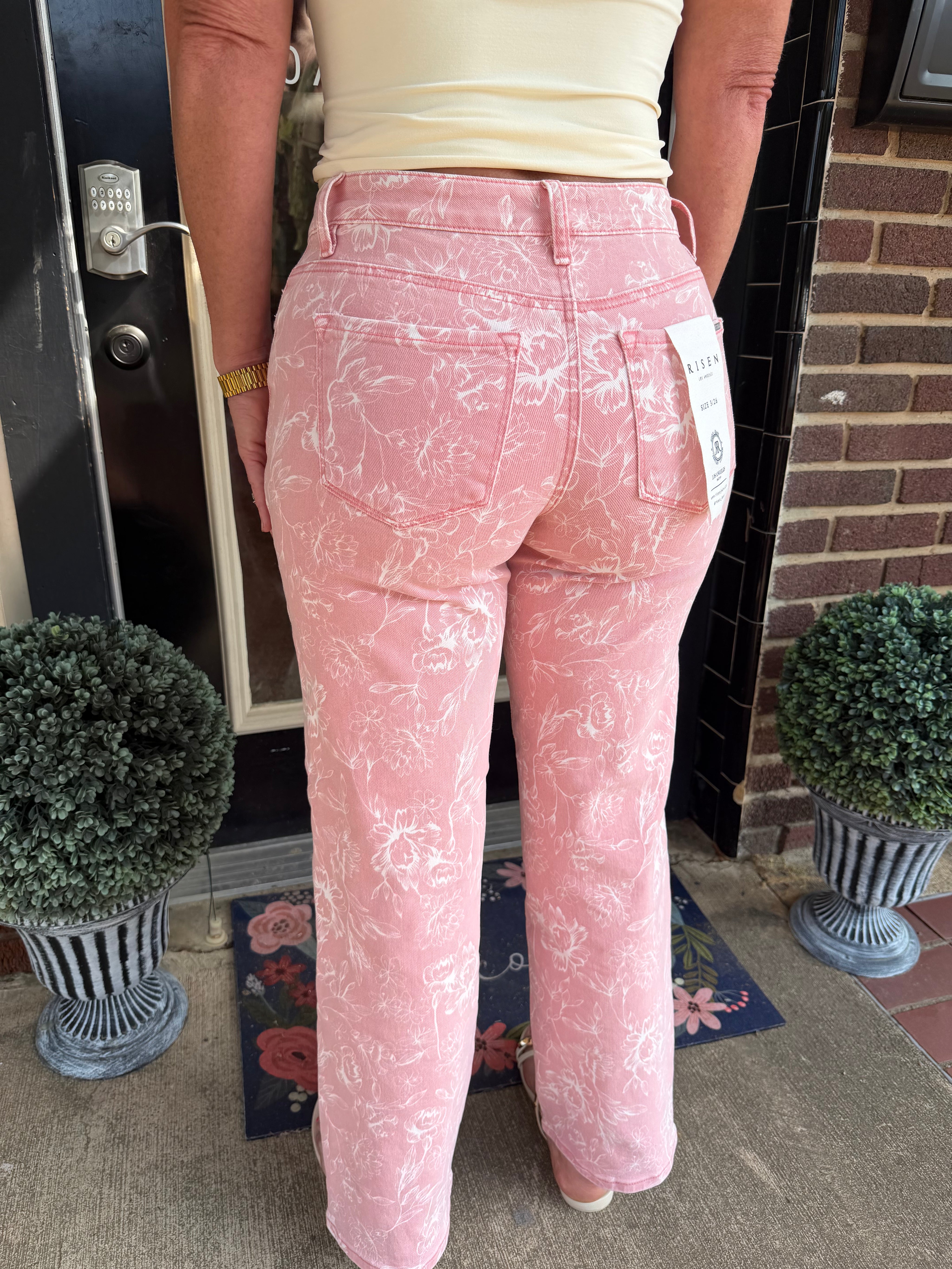 Risen Blush Floral Wide Leg Jeans – High Rise Pink Printed Denim