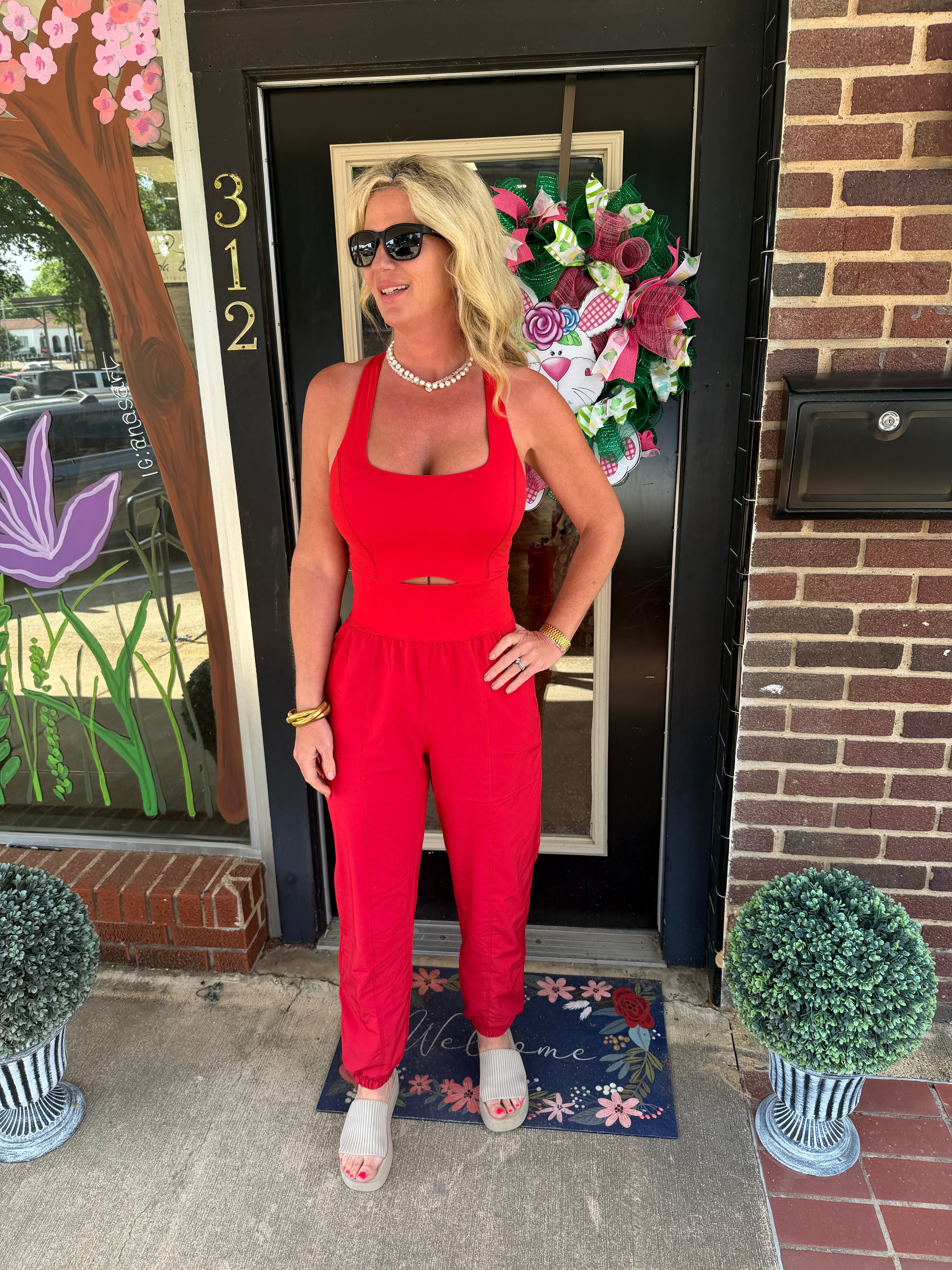 Red Athletic Romper with Cutout Waist – Stretch Active Jumpsuit with Jogger Pants