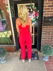 Red Athletic Romper with Cutout Waist – Stretch Active Jumpsuit with Jogger Pants