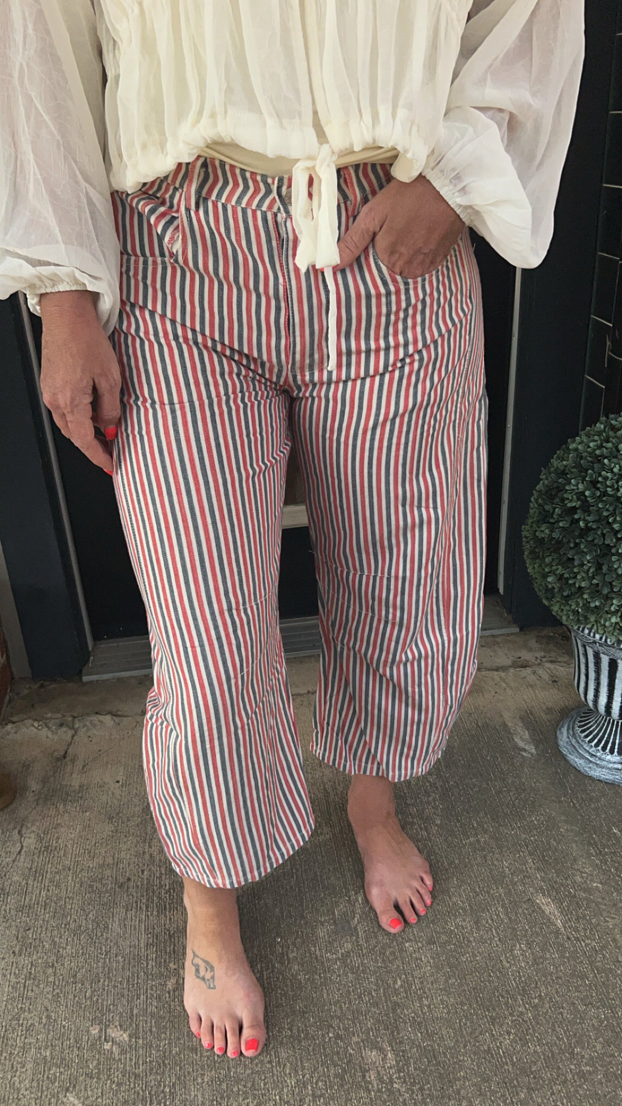 Red & blue pinstripe barrel jeans