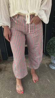 Red & blue pinstripe barrel jeans