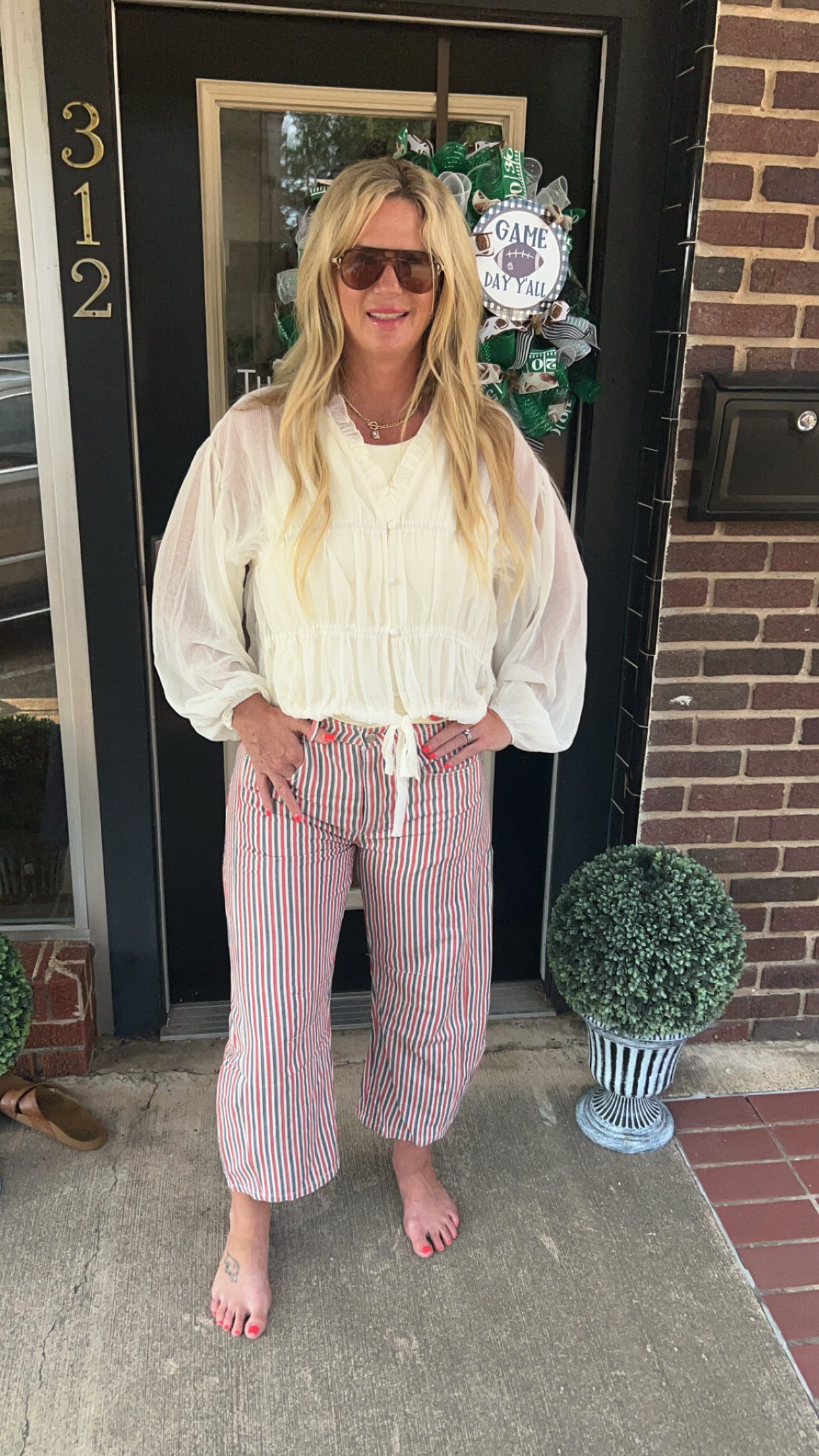 Red & blue pinstripe barrel jeans