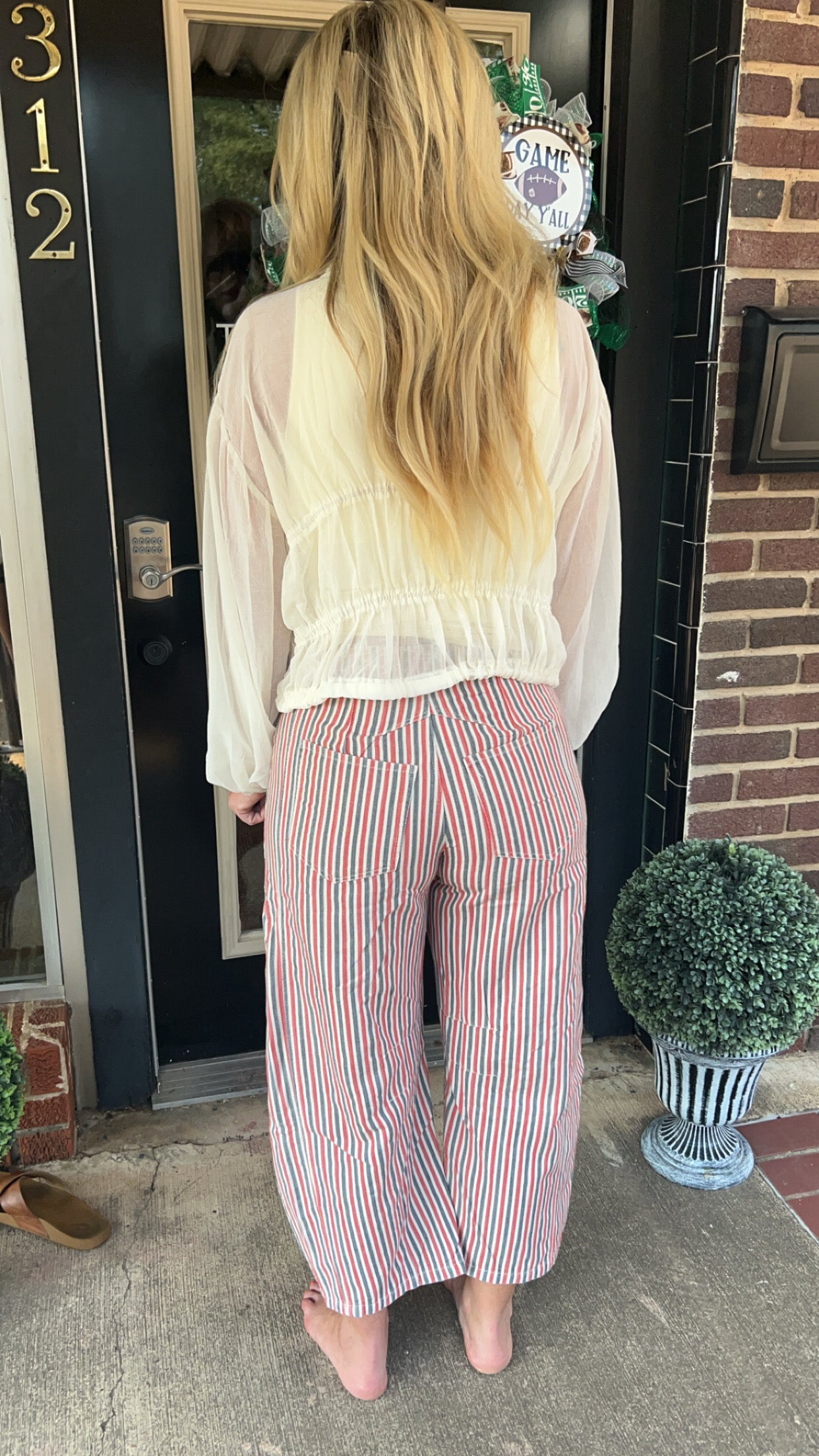 Red & blue pinstripe barrel jeans
