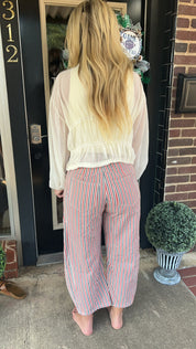 Red & blue pinstripe barrel jeans
