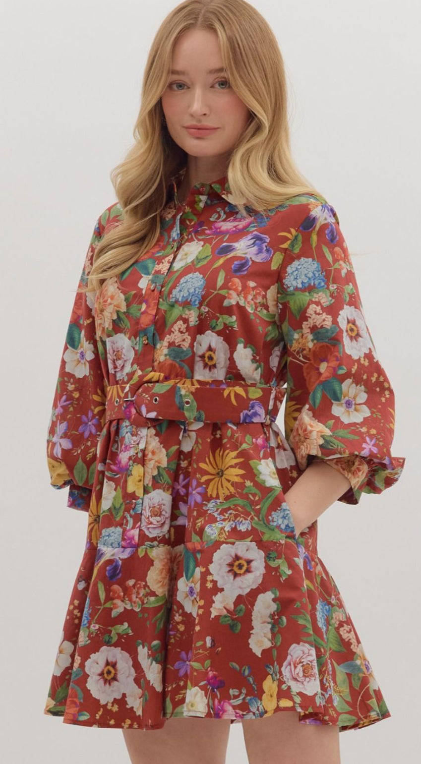 Fiery Flora Belted Dress
