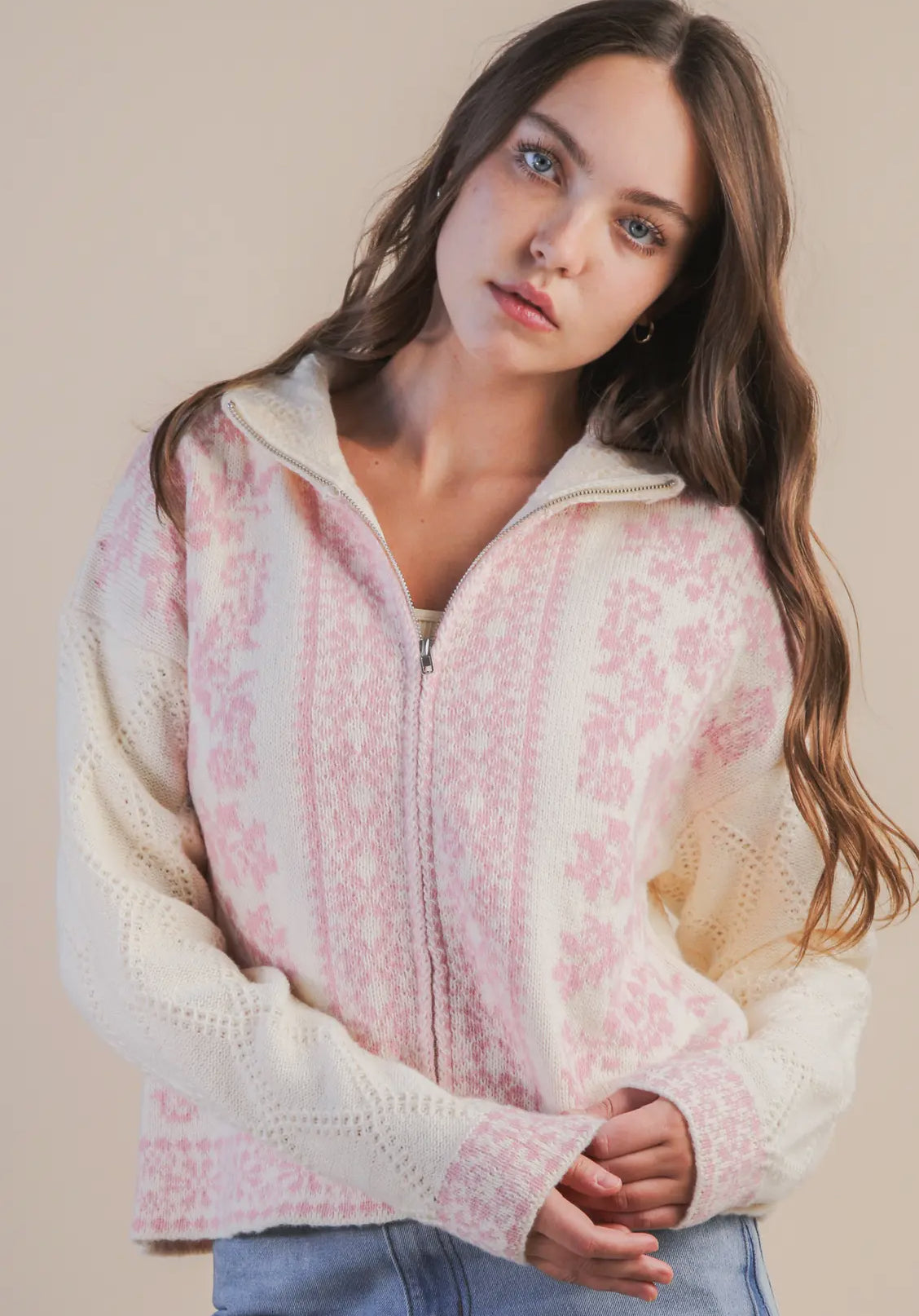 Blush Snowflake Zip Sweater