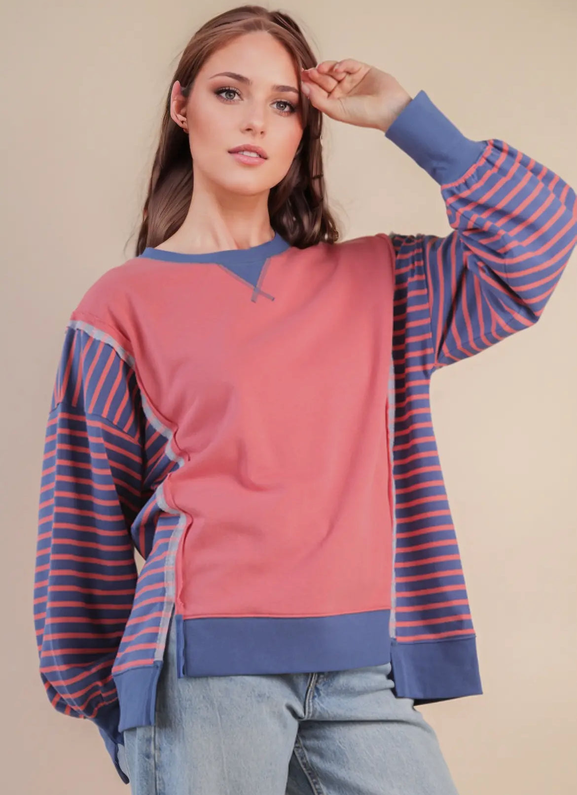 Coral & denim pullover