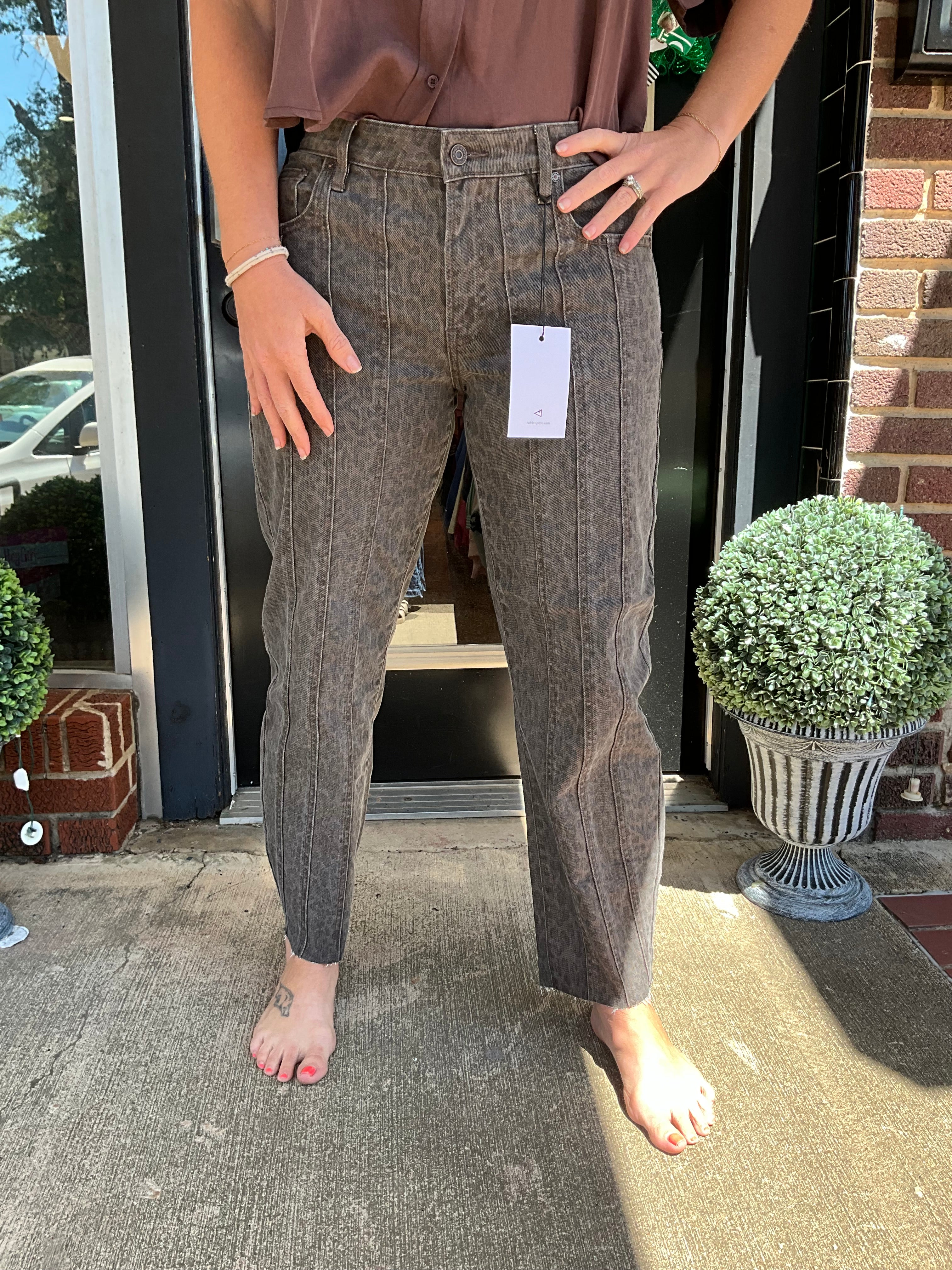 Brown leopard hidden barrel jeans