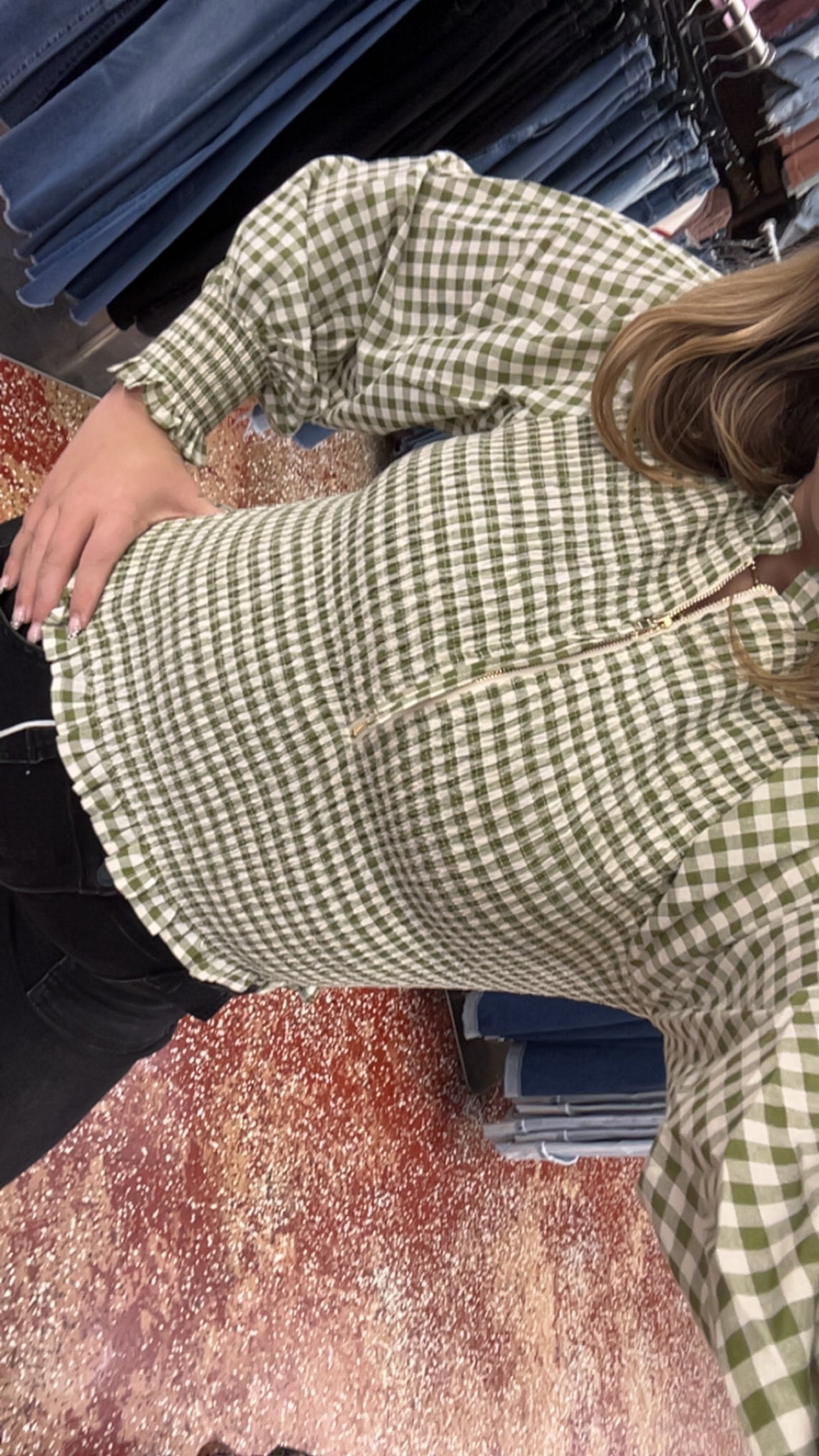 Green gingham quarter zip