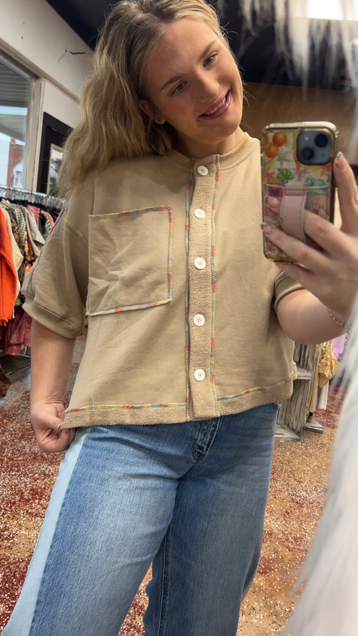 Rainbow Stitch Button Top