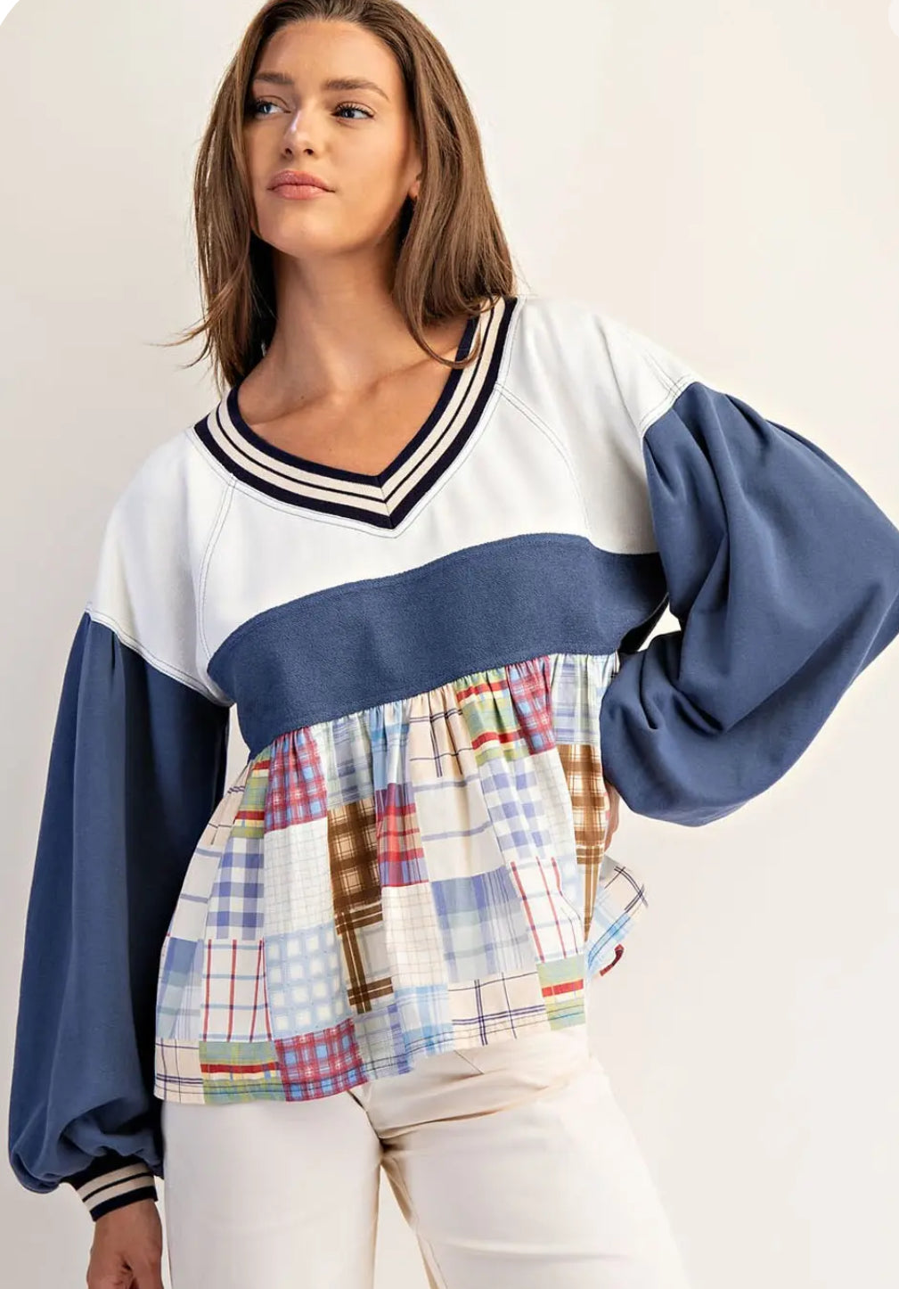Blue Skies Patchwork Pullover Top