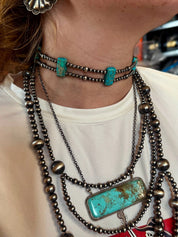 Orange/Turquoise Double Strand Necklace – 13” Beaded – Sterling Silver Pearls & Rectangle Variscite