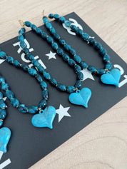 Turquoise Love Heart Charm Necklace | Water-Resistant Beaded Statement Jewelry