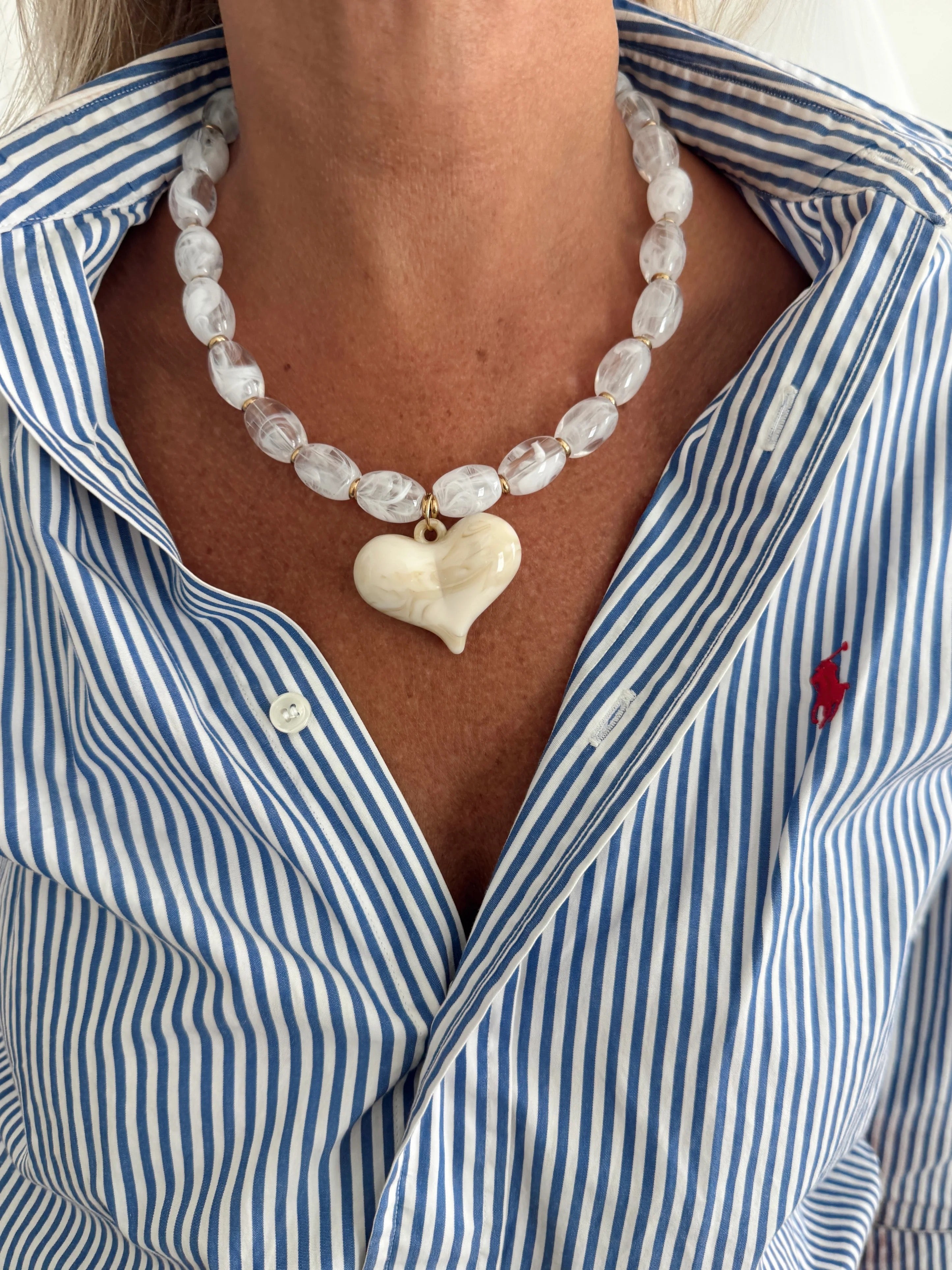 Ivory Love Heart Charm Necklace | Water-Resistant Beaded Statement Jewelry