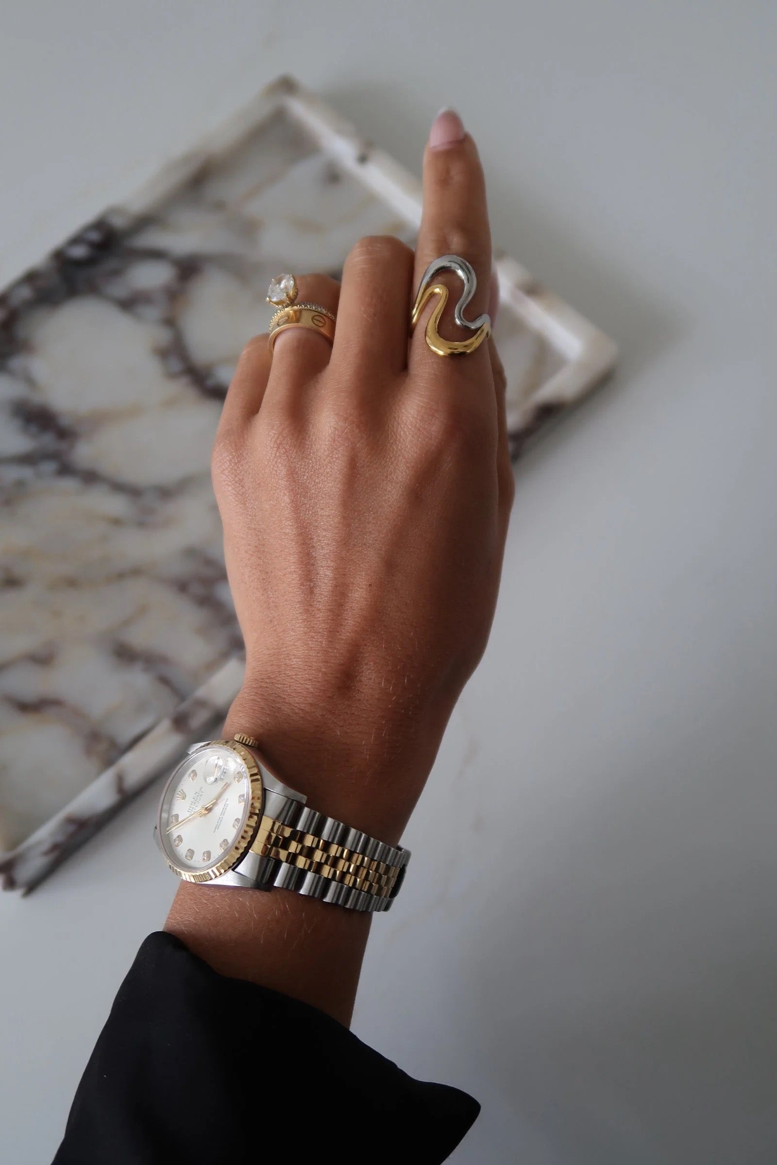 Golden Wave Two-Tone Statement Ring | Water-Resistant Adjustable Jewelry