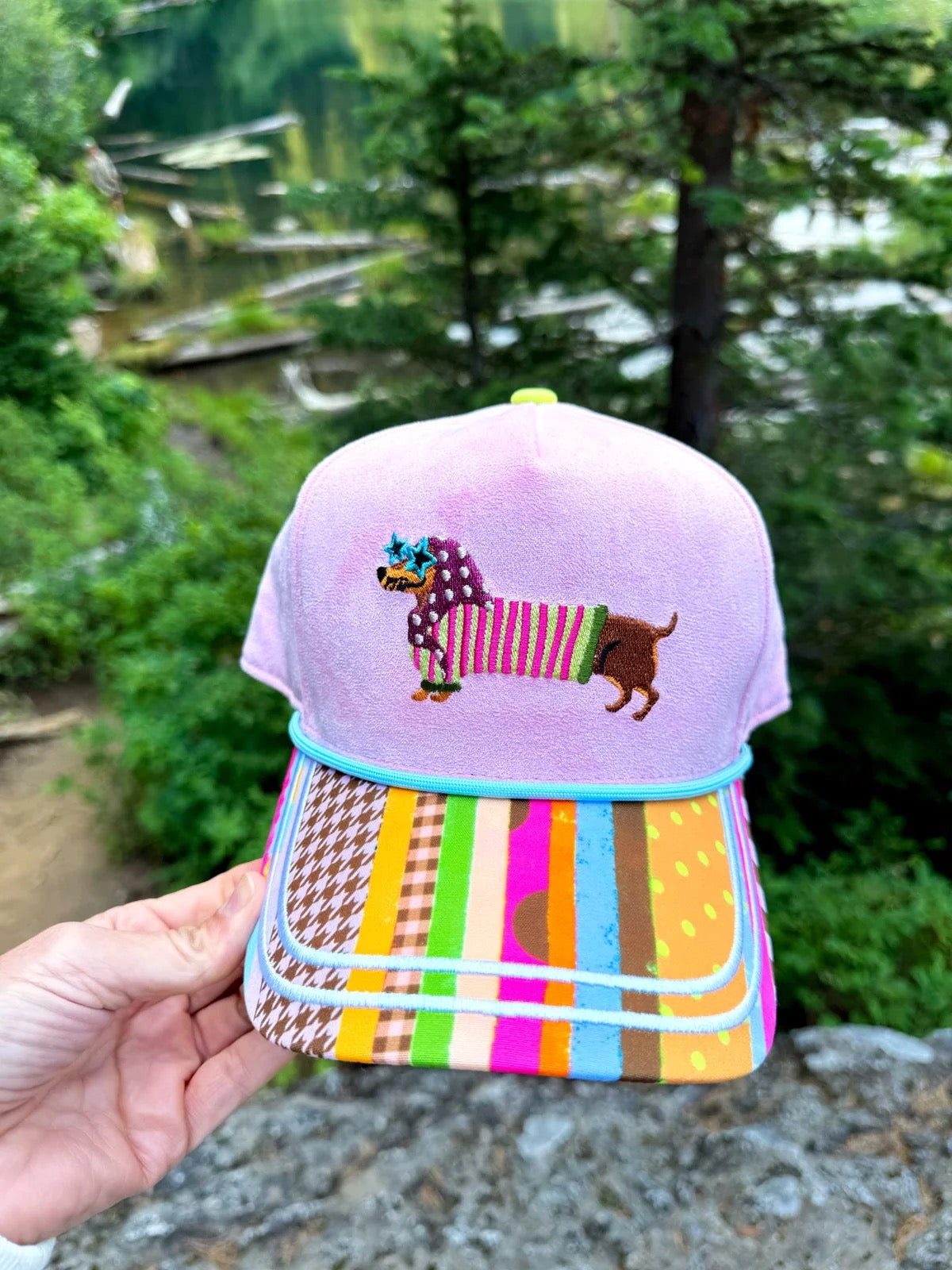 Poppy & Pine Retro Pup Dachshund Baseball Cap | Pink Colorful Embroidered Hat