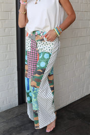 Poppy & Pine Mixed Signals Patchwork Wide-Leg Pants | Stretchy Printed Statement Pants