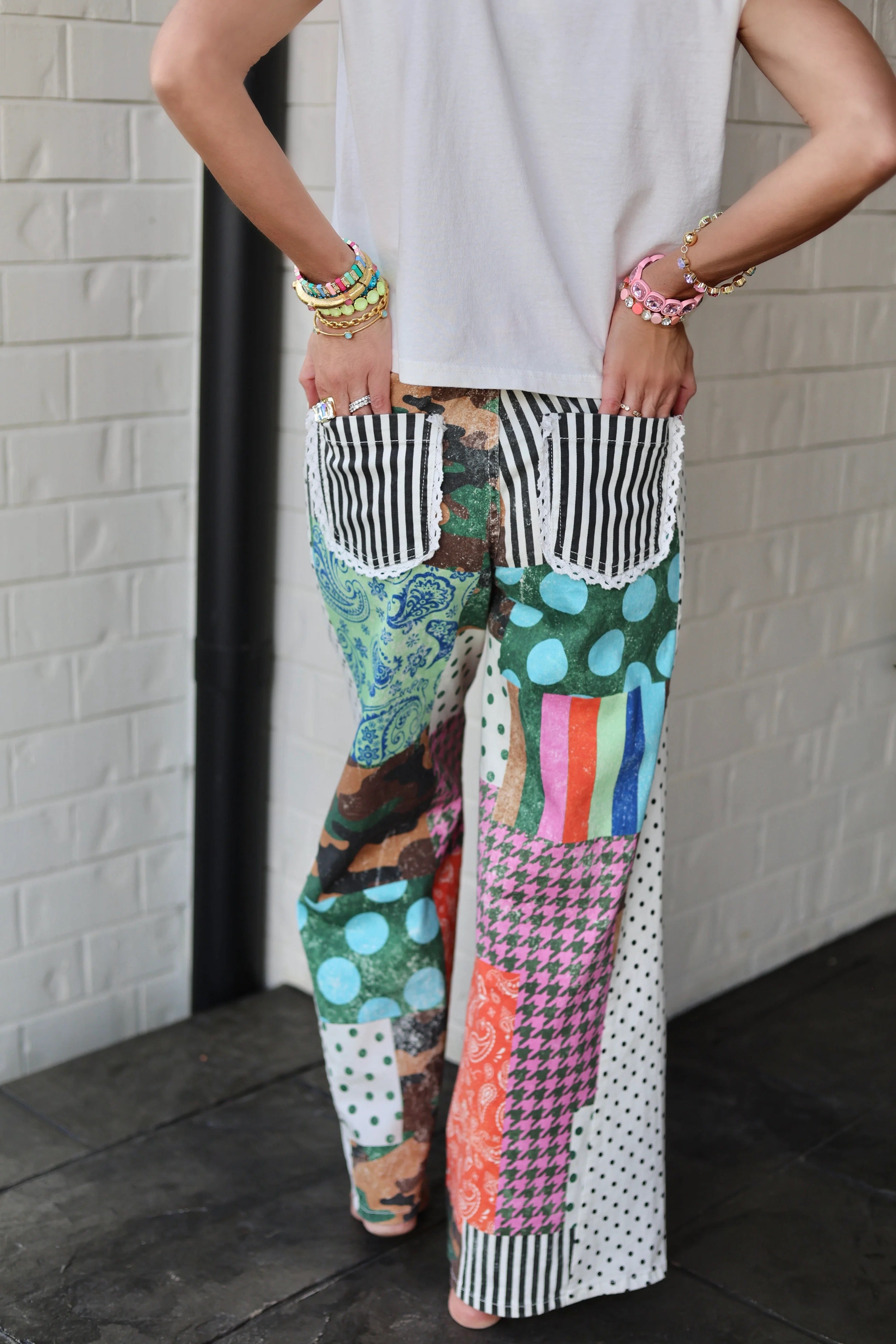 Poppy & Pine Mixed Signals Patchwork Wide-Leg Pants | Stretchy Printed Statement Pants