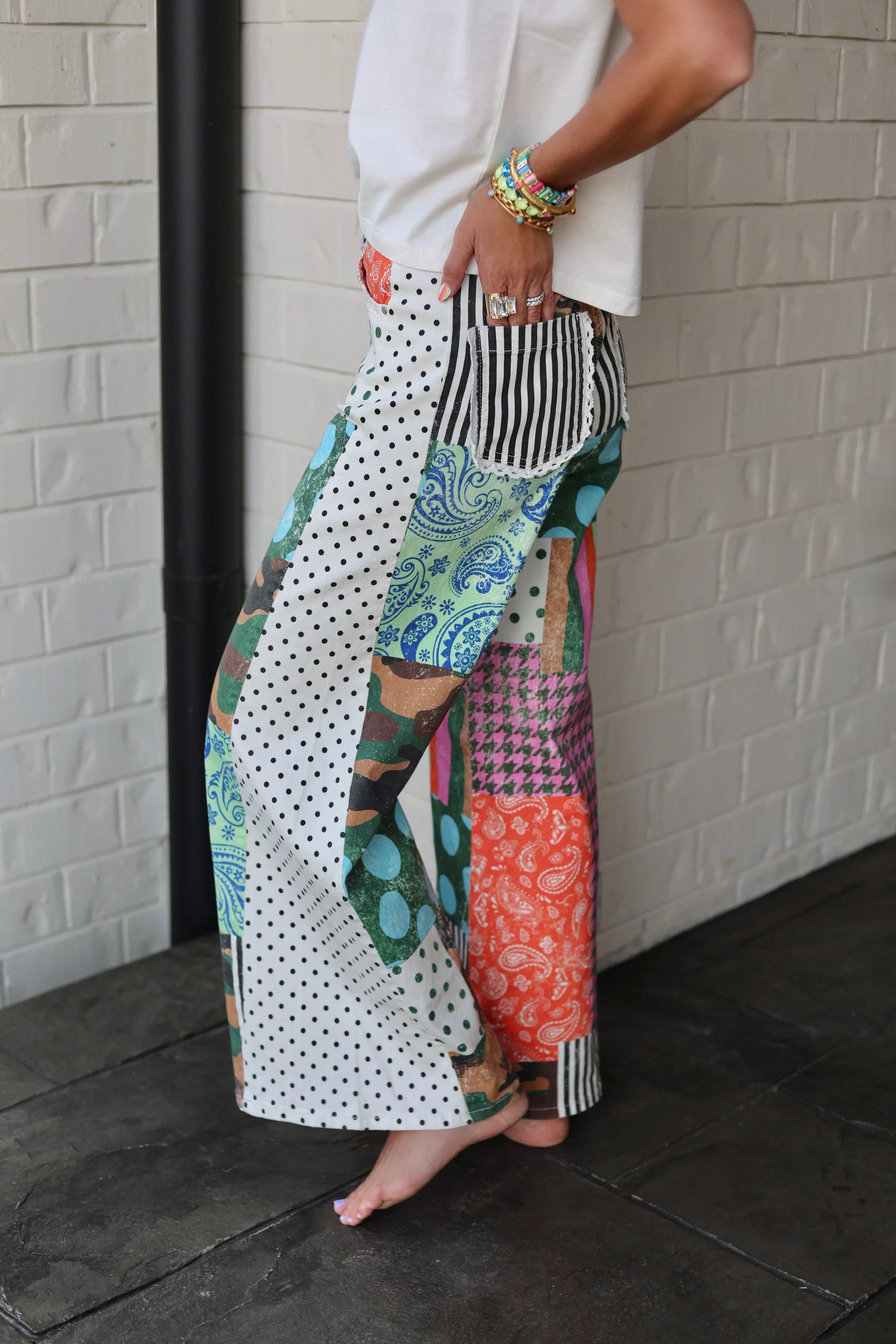 Poppy & Pine Mixed Signals Patchwork Wide-Leg Pants | Stretchy Printed Statement Pants