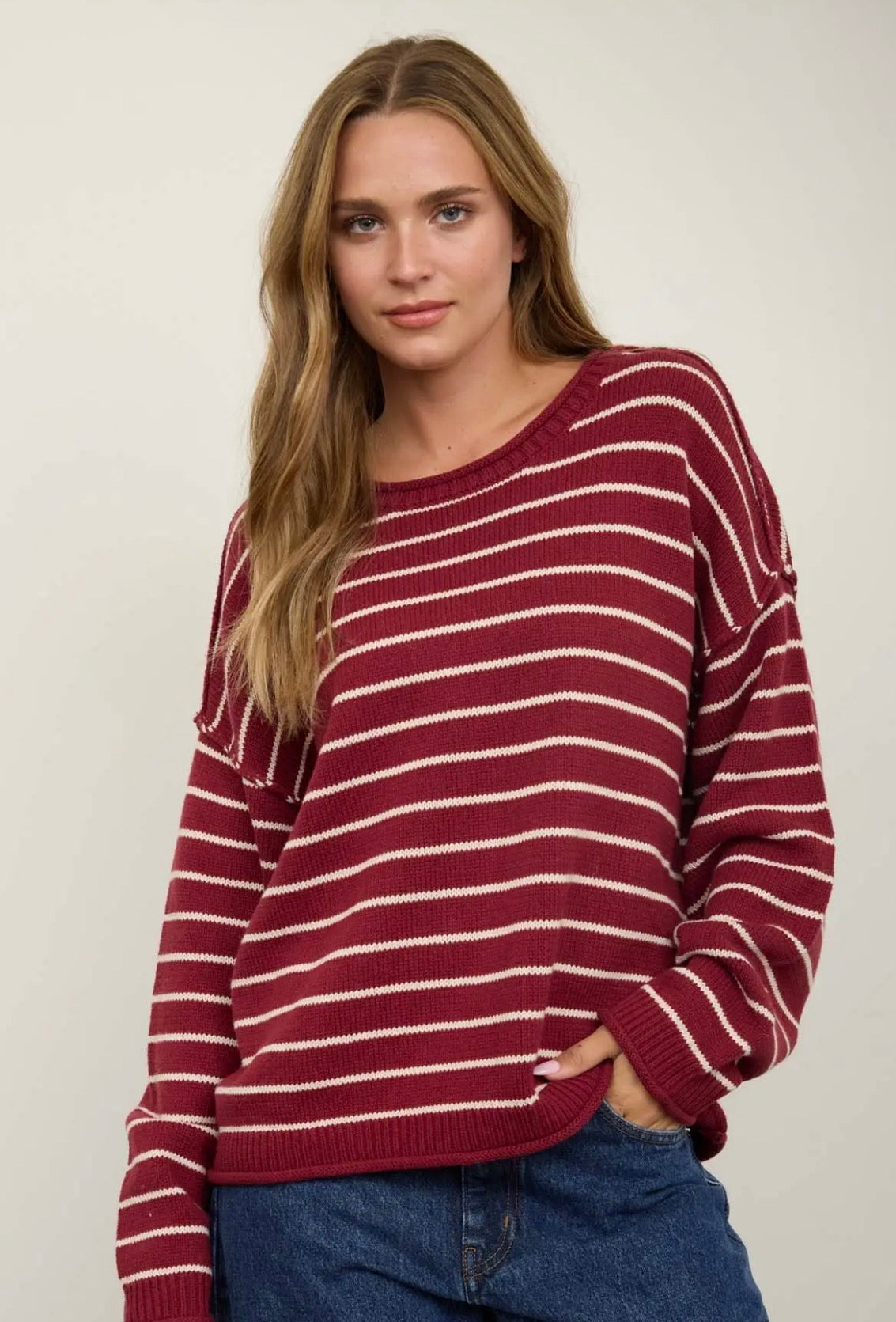 Cranberry Lane Burgundy & Cream Striped Sweater